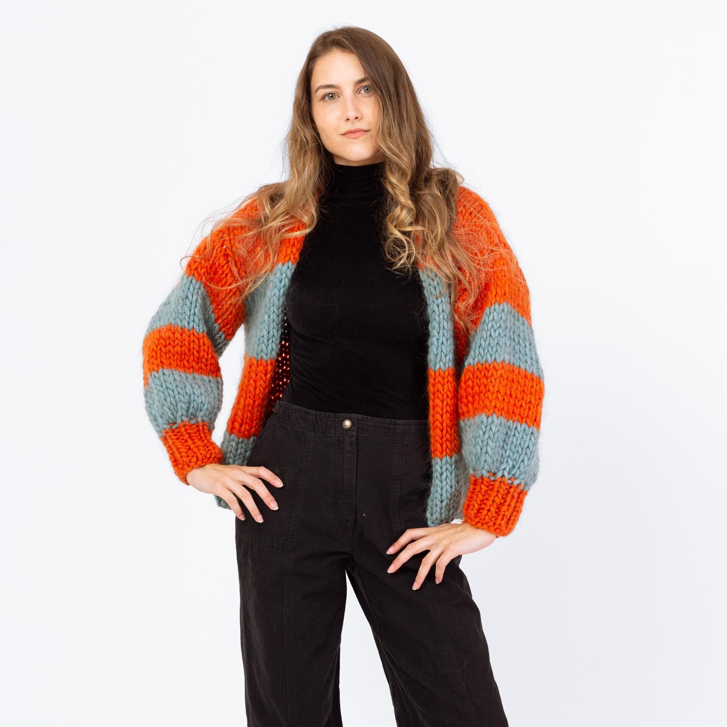 Vintage 70s Striped Chunky Knit Balloon Sleeve Cardigan - Petite Small | Handmade Orange & Blue Open Fit Wool Sweater