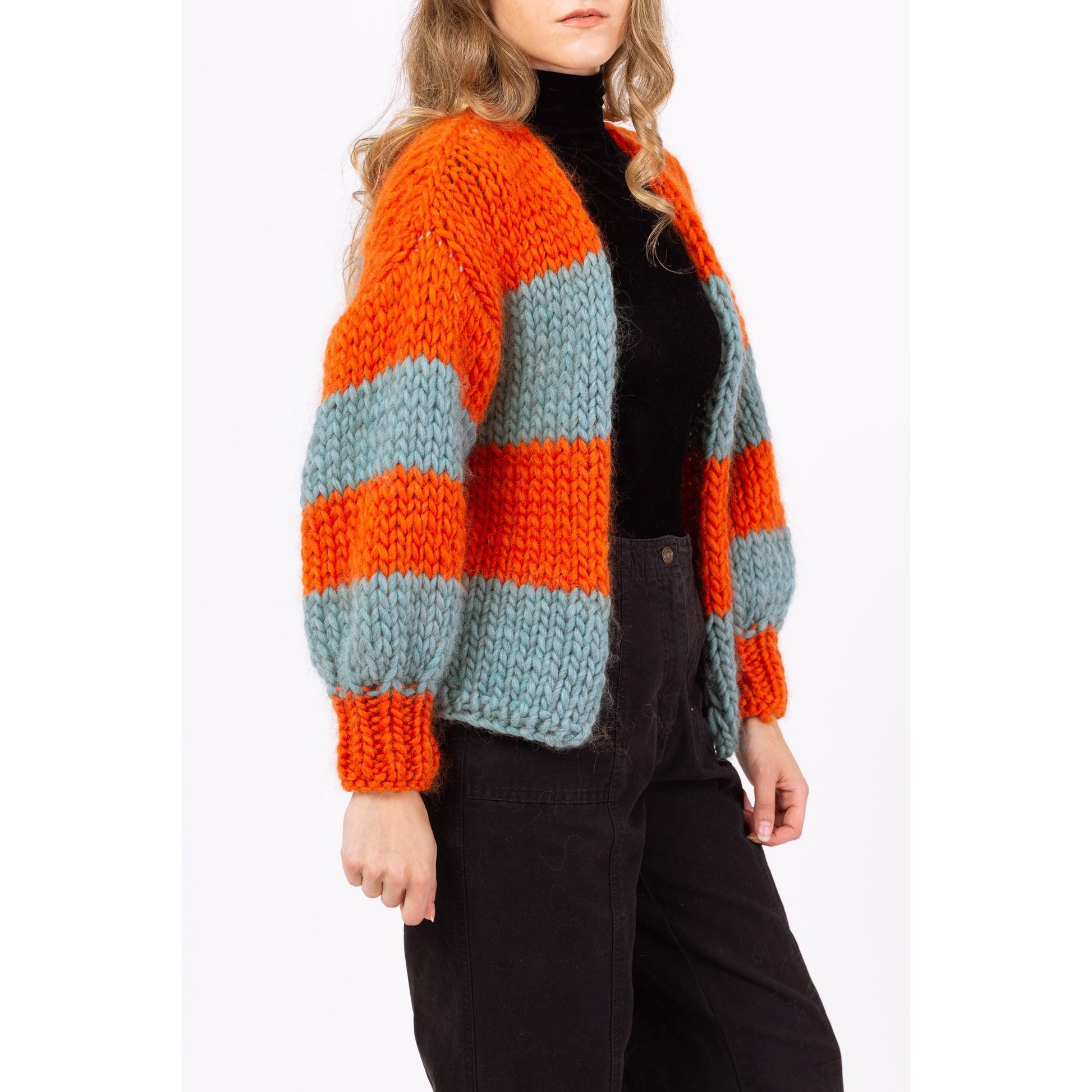 Vintage 70s Striped Chunky Knit Balloon Sleeve Cardigan - Petite Small | Handmade Orange & Blue Open Fit Wool Sweater