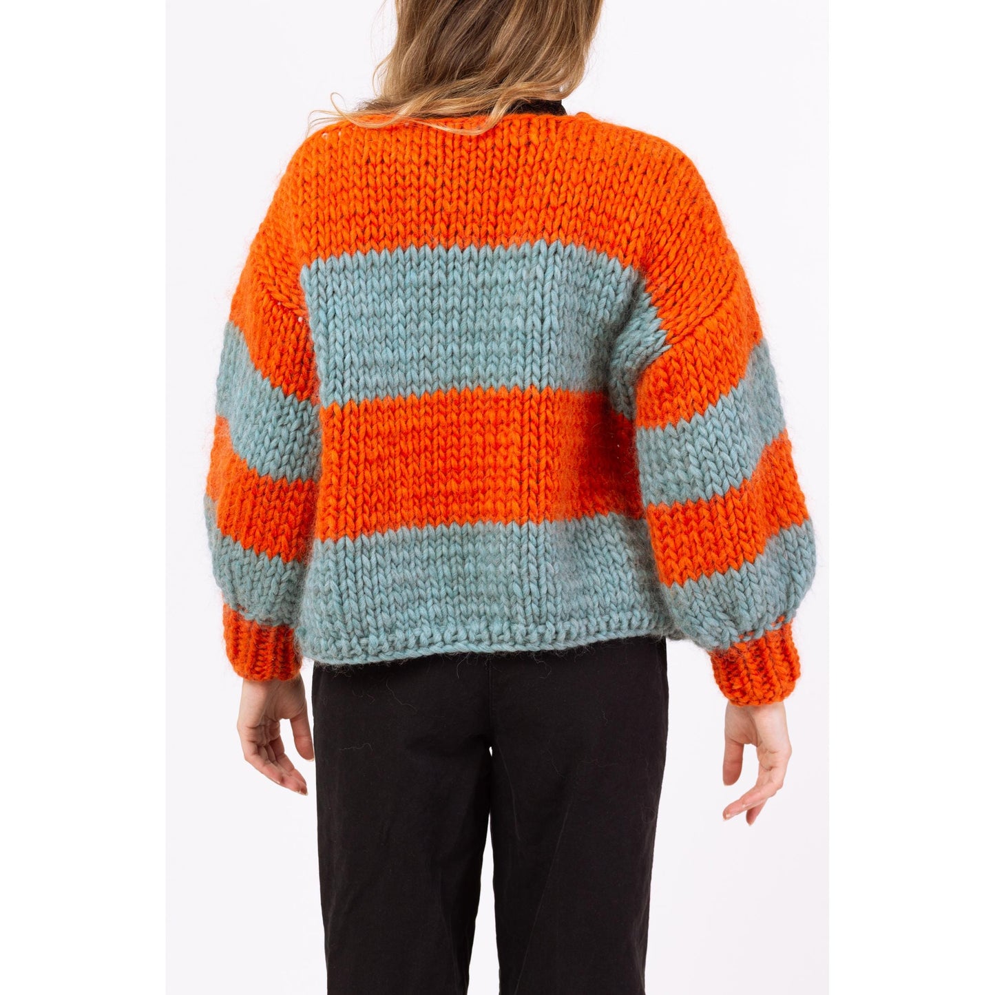 Vintage 70s Striped Chunky Knit Balloon Sleeve Cardigan - Petite Small | Handmade Orange & Blue Open Fit Wool Sweater