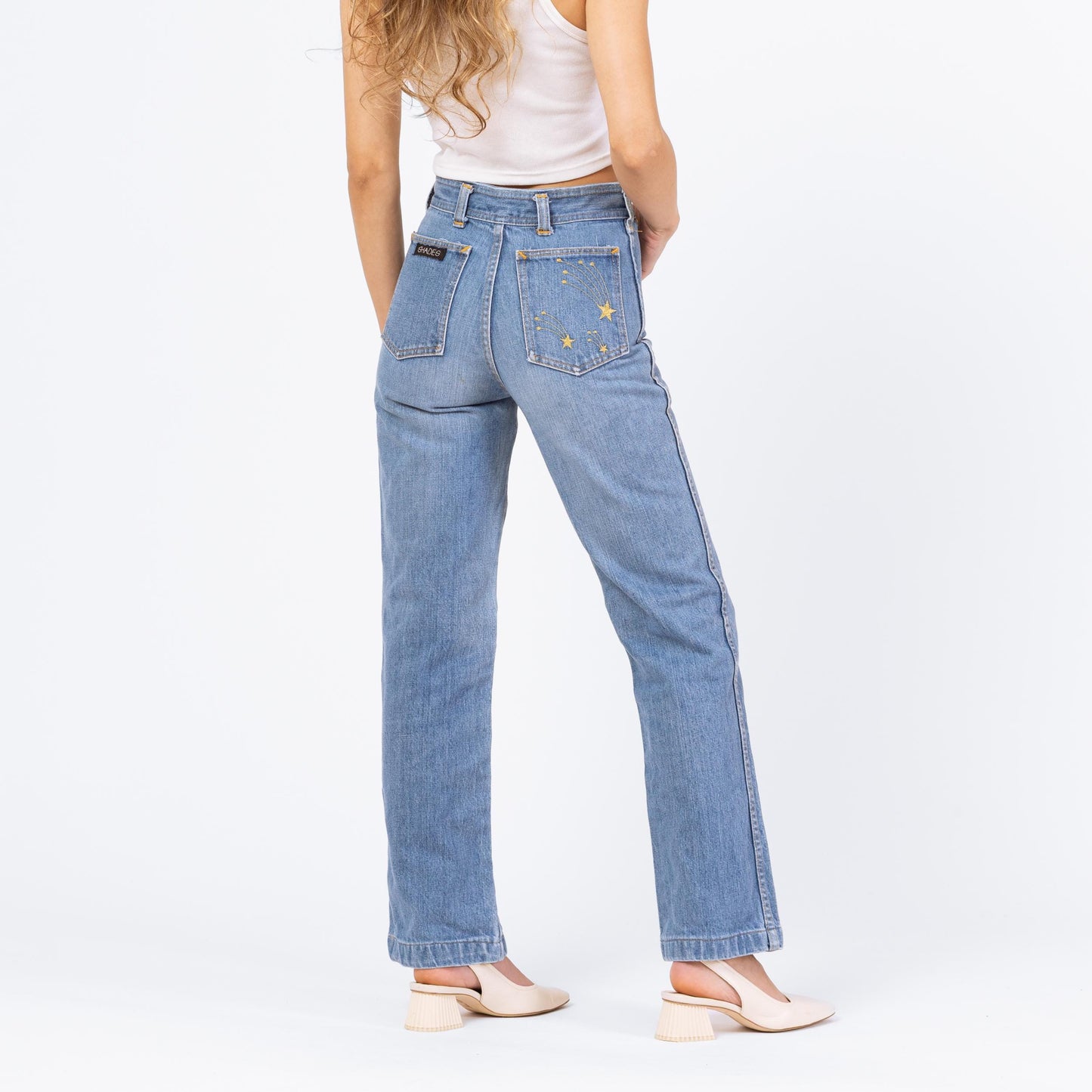Vintage 70s Shooting Star Light Wash Straight Leg Jeans - Extra Small, 25" Waist | Embroidered High Rise Denim Mom Jeans