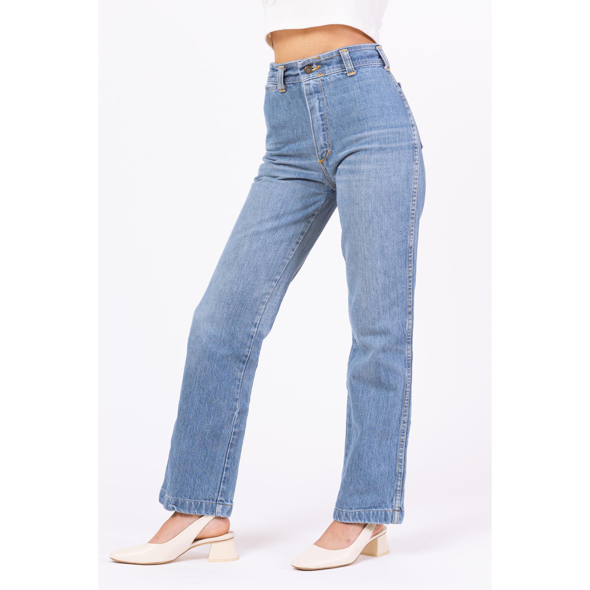 Vintage 70s Shooting Star Light Wash Straight Leg Jeans - Extra Small, 25" Waist | Embroidered High Rise Denim Mom Jeans