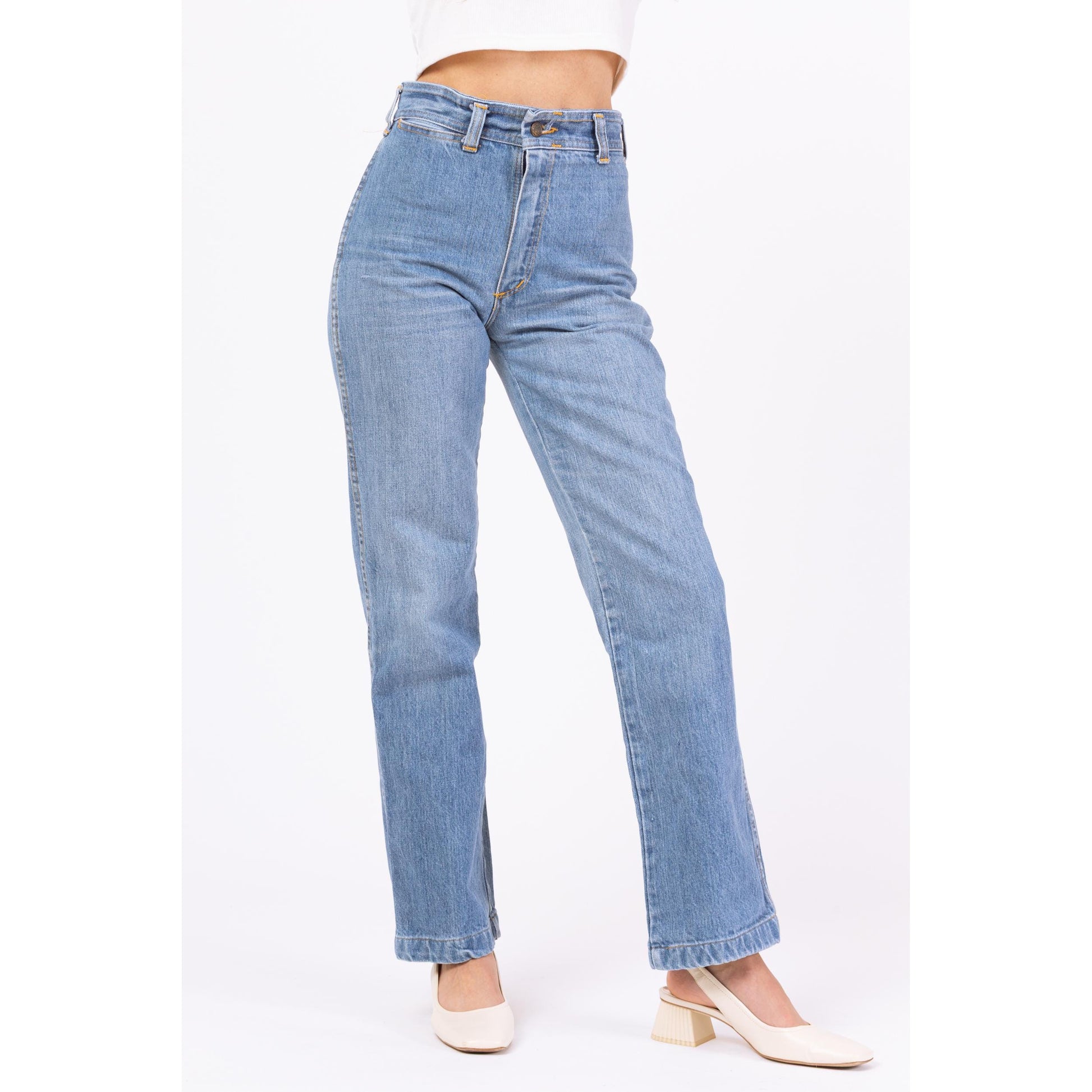 Vintage 70s Shooting Star Light Wash Straight Leg Jeans - Extra Small, 25" Waist | Embroidered High Rise Denim Mom Jeans