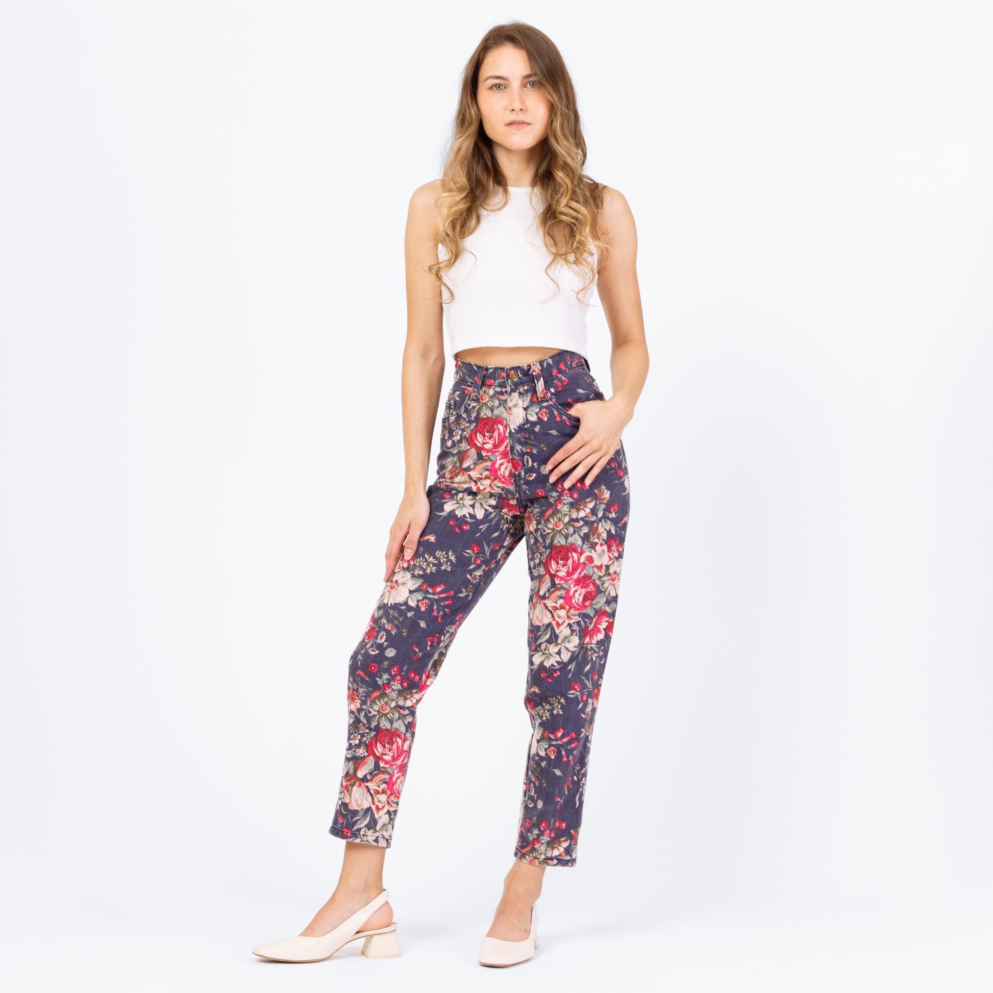 Vintage 90s Rose Print High Rise Jeans - XXS, 23" Waist | Navy Blue Floral Denim Pants, Tapered Leg Mom Jeans