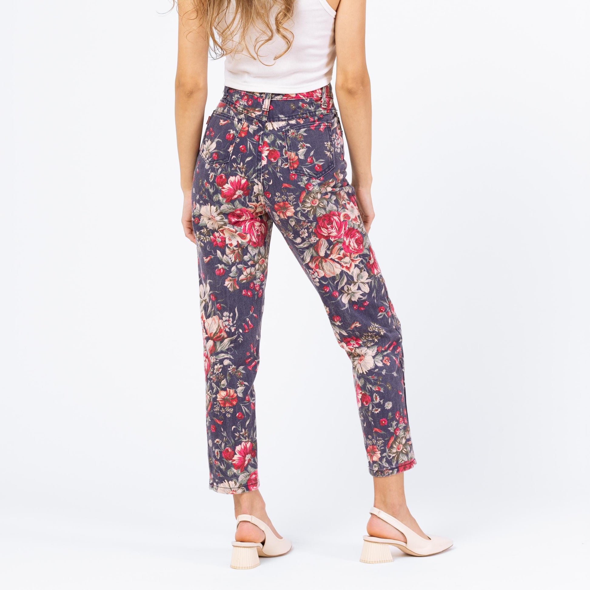 Vintage 90s Rose Print High Rise Jeans - XXS, 23" Waist | Navy Blue Floral Denim Pants, Tapered Leg Mom Jeans
