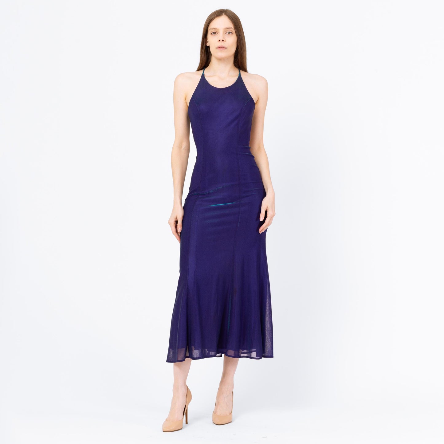 Vintage 90s Royal Purple Iridescent Backless Gown - XS to Small | Criss Cross Open Back Slinky Formal Maxi Dress, Y2K Prom Dress