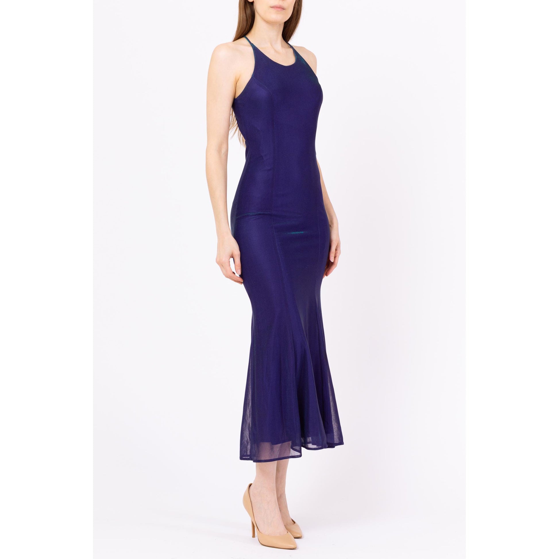 Vintage 90s Royal Purple Iridescent Backless Gown - XS to Small | Criss Cross Open Back Slinky Formal Maxi Dress, Y2K Prom Dress