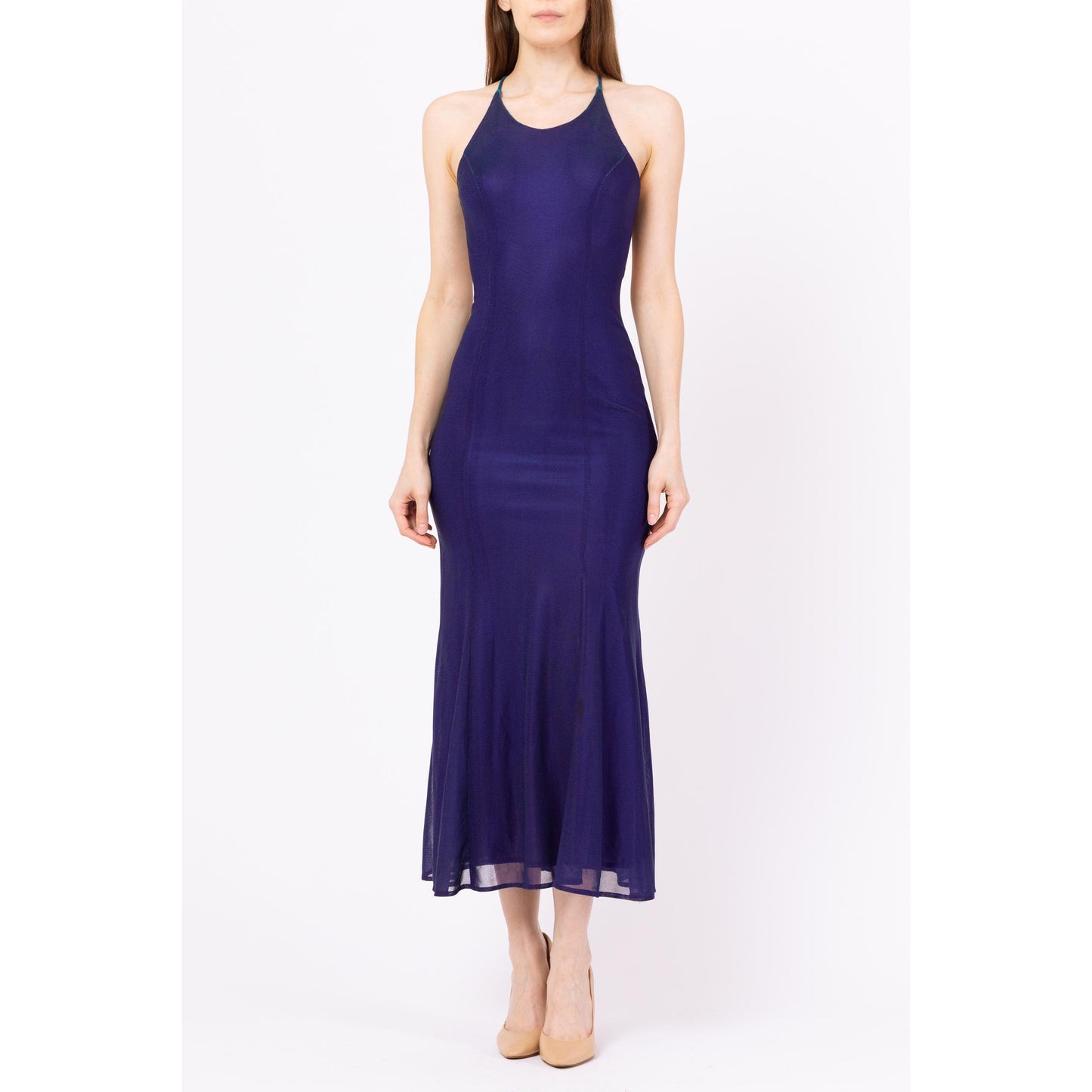 Vintage 90s Royal Purple Iridescent Backless Gown - XS to Small | Criss Cross Open Back Slinky Formal Maxi Dress, Y2K Prom Dress