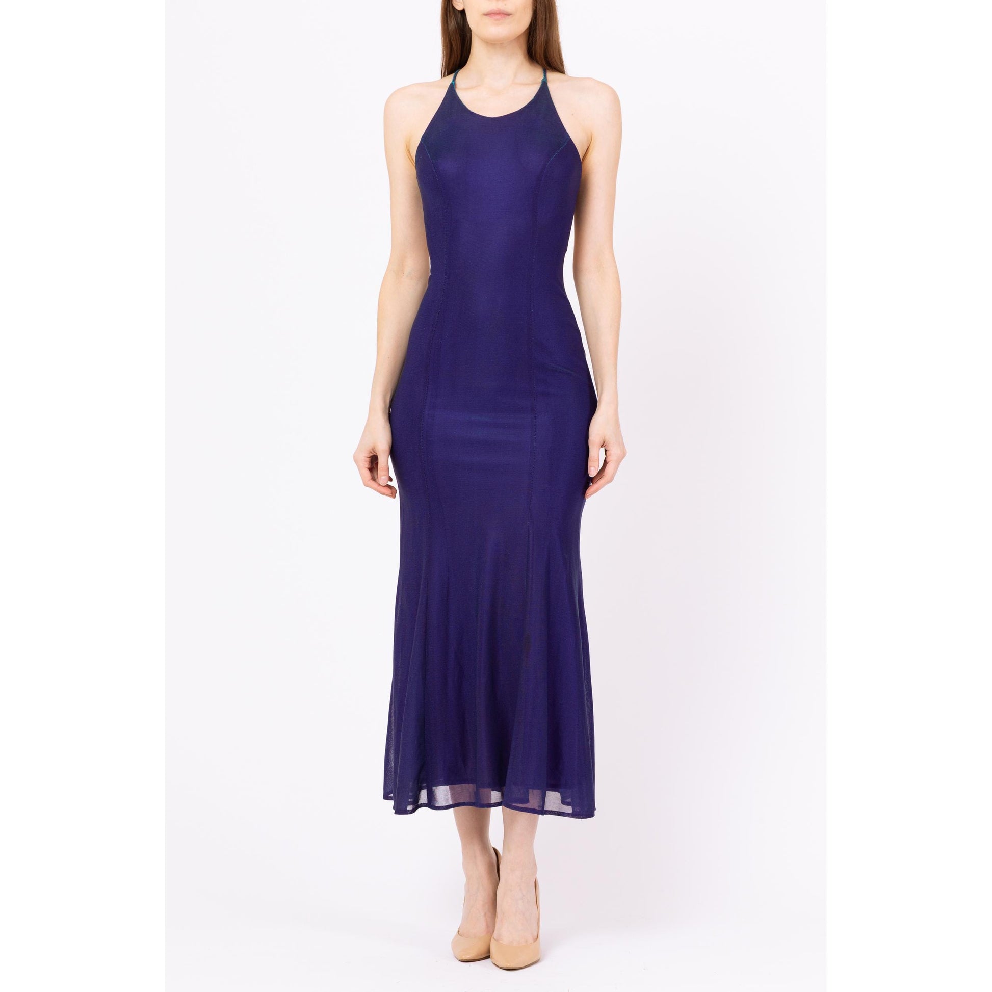 Vintage 90s Royal Purple Iridescent Backless Gown - XS to Small | Criss Cross Open Back Slinky Formal Maxi Dress, Y2K Prom Dress