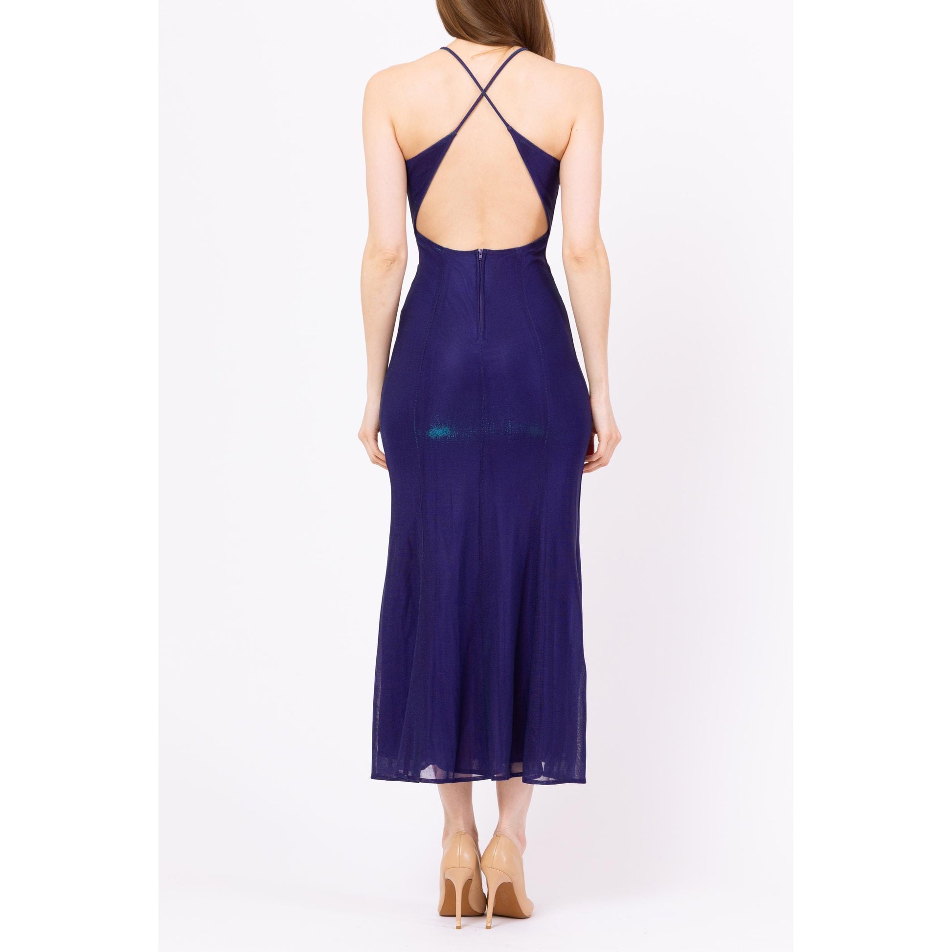 Vintage 90s Royal Purple Iridescent Backless Gown - XS to Small | Criss Cross Open Back Slinky Formal Maxi Dress, Y2K Prom Dress