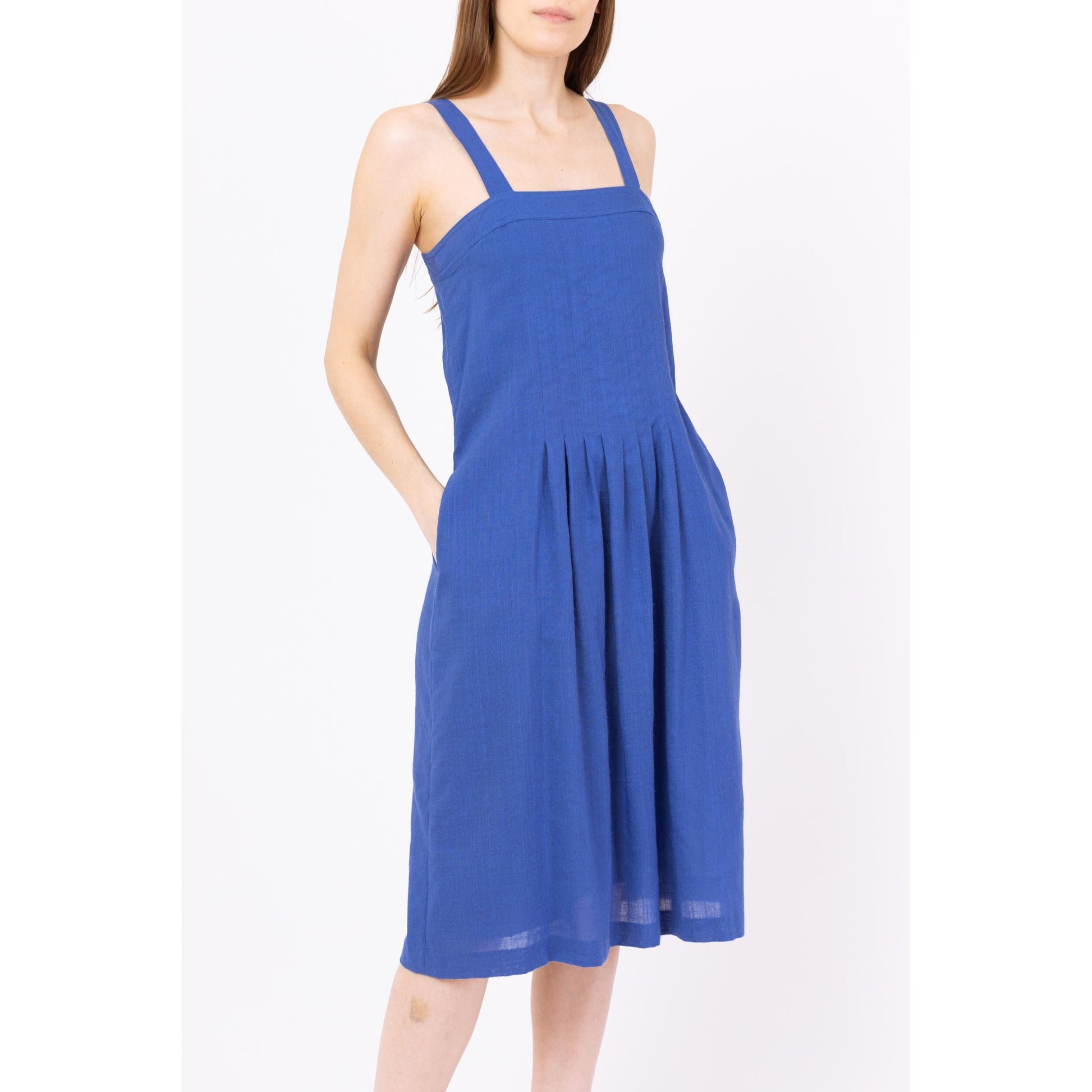 Vintage 80s Cobalt Blue Midi Pinafore Sundress - Extra Small | Sleeveless Square Neck Pleated A Line Summer Dress With Pockets