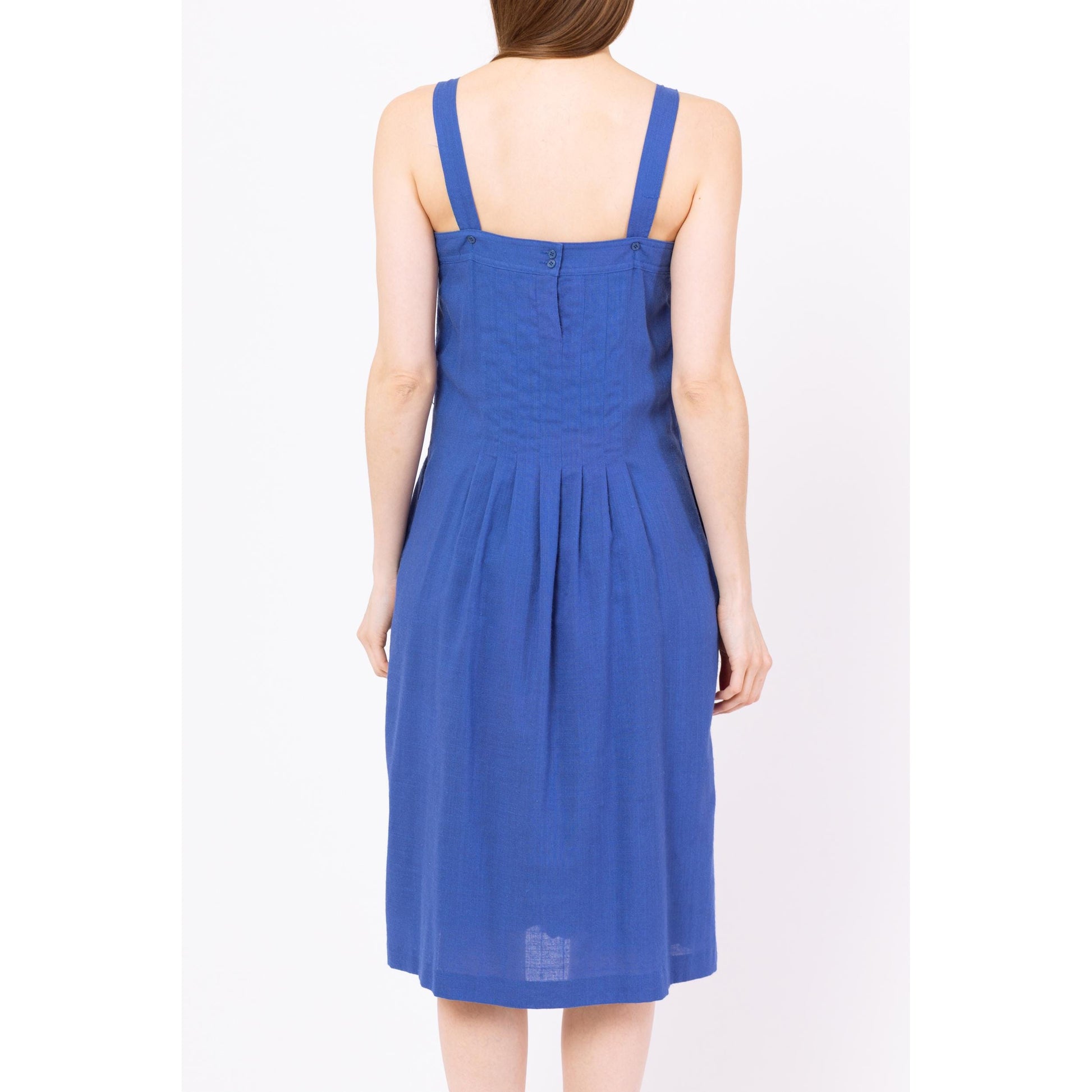 Vintage 80s Cobalt Blue Midi Pinafore Sundress - Extra Small | Sleeveless Square Neck Pleated A Line Summer Dress With Pockets