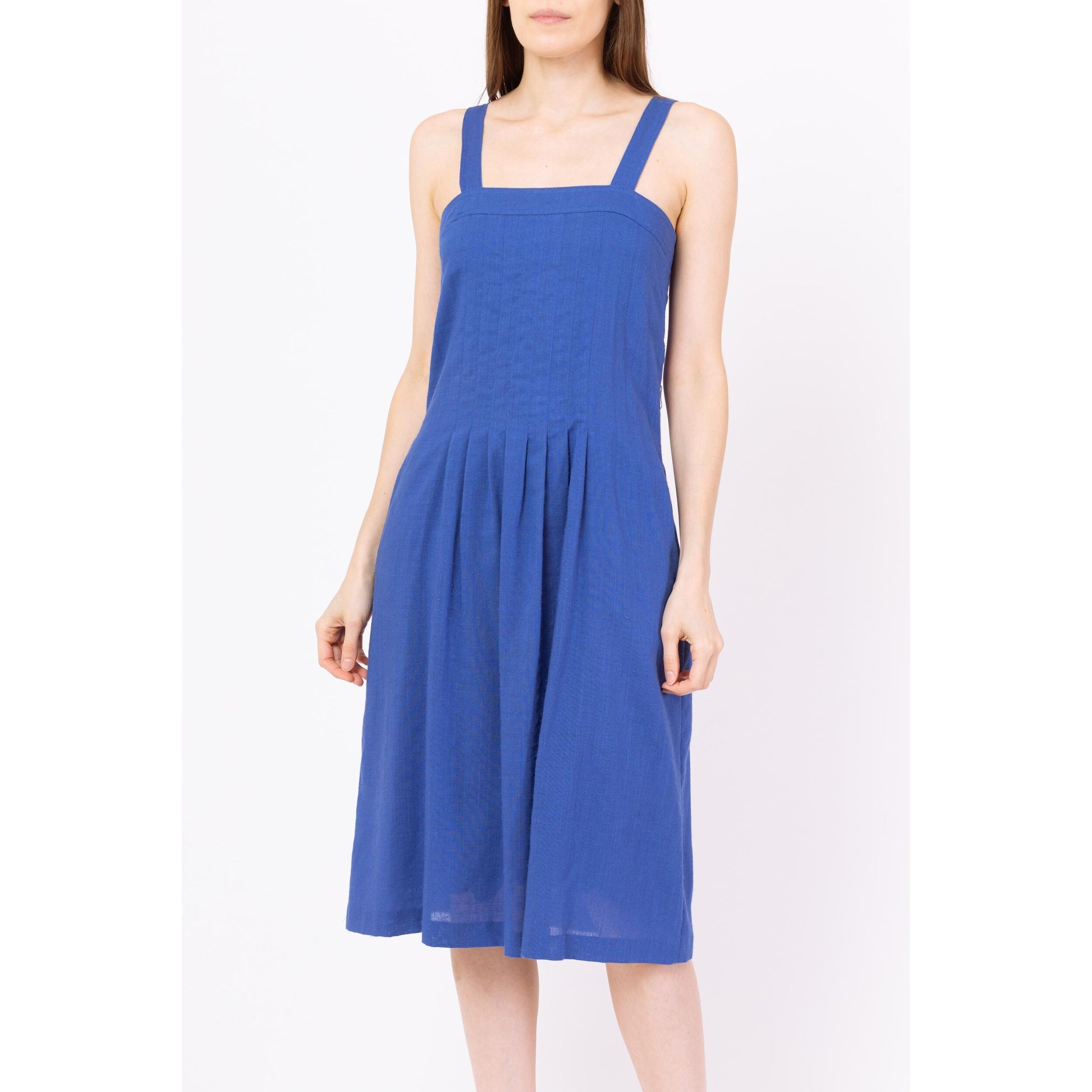 Vintage 80s Cobalt Blue Midi Pinafore Sundress - Extra Small | Sleeveless Square Neck Pleated A Line Summer Dress With Pockets