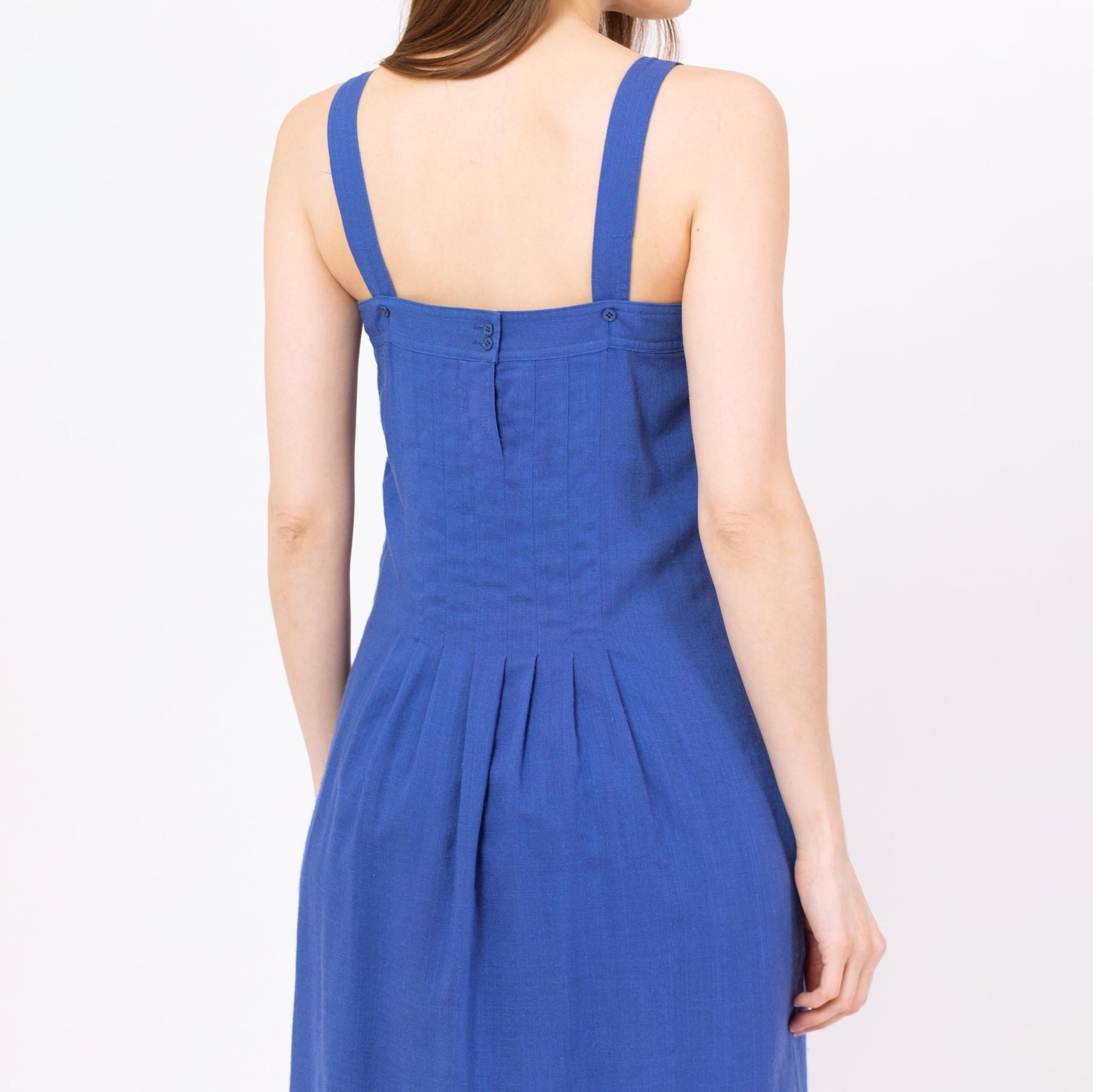 Vintage 80s Cobalt Blue Midi Pinafore Sundress - Extra Small | Sleeveless Square Neck Pleated A Line Summer Dress With Pockets