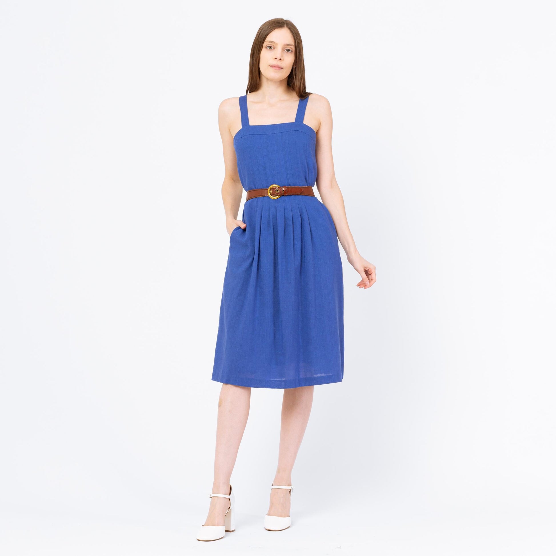 Vintage 80s Cobalt Blue Midi Pinafore Sundress - Extra Small | Sleeveless Square Neck Pleated A Line Summer Dress With Pockets