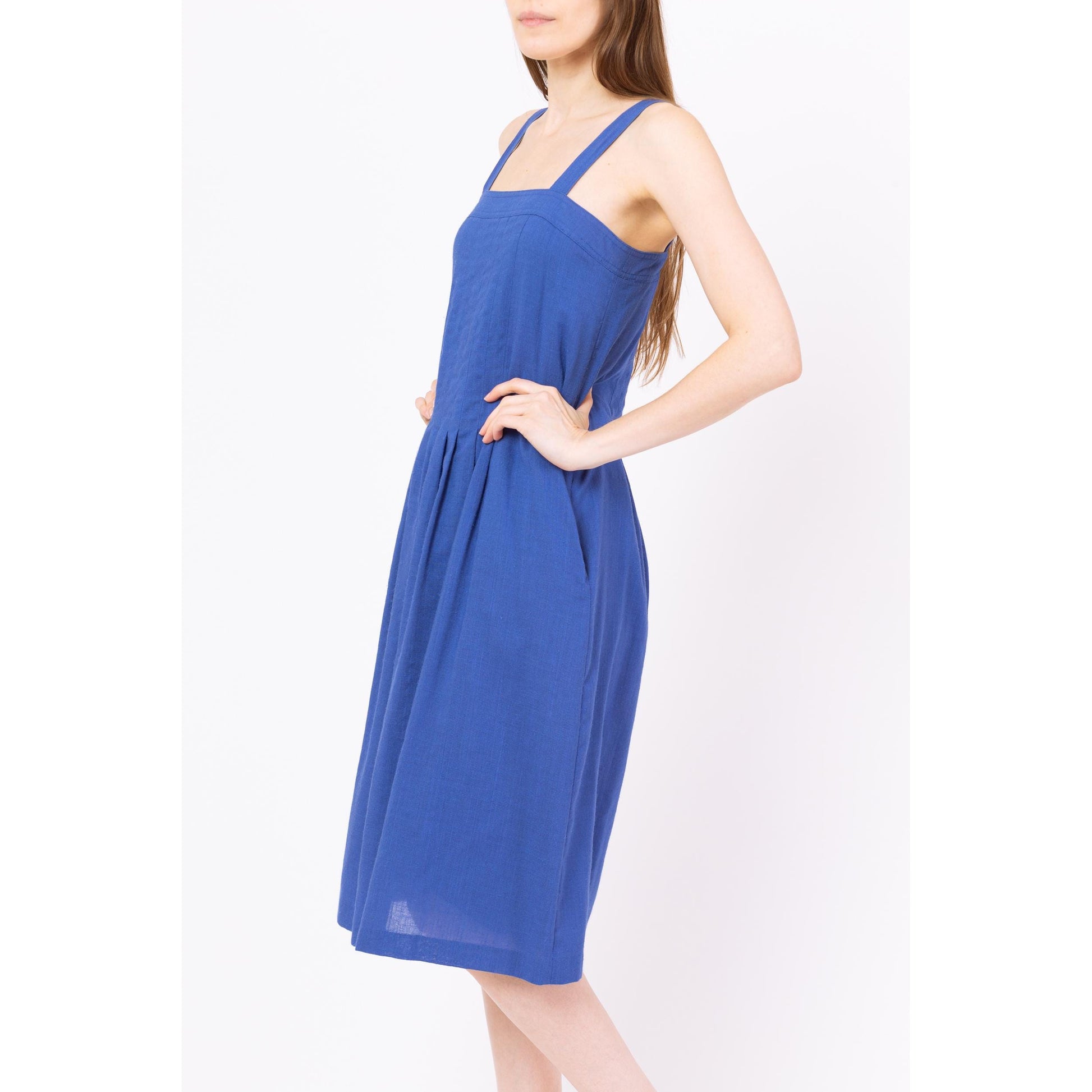 Vintage 80s Cobalt Blue Midi Pinafore Sundress - Extra Small | Sleeveless Square Neck Pleated A Line Summer Dress With Pockets