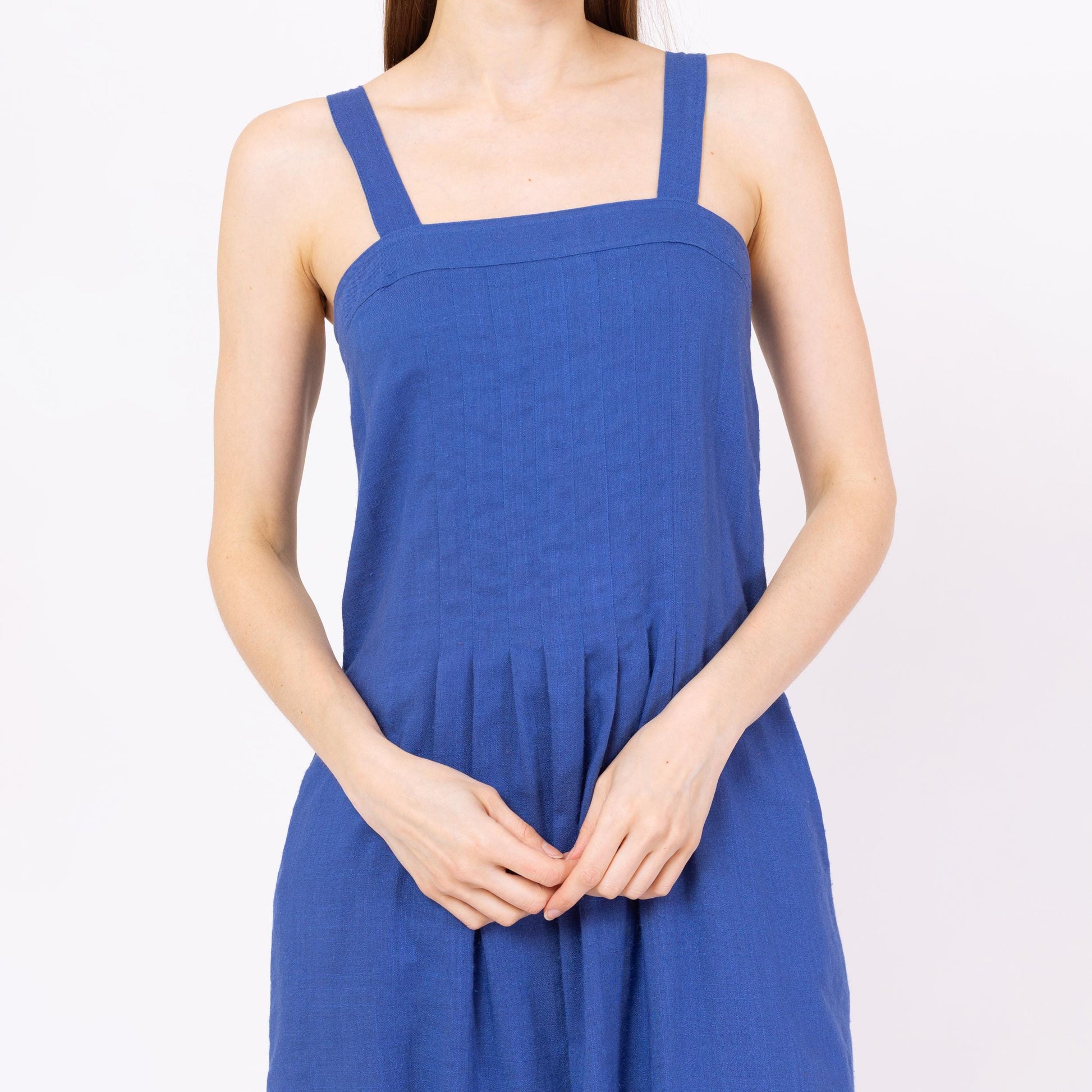 Vintage 80s Cobalt Blue Midi Pinafore Sundress - Extra Small | Sleeveless Square Neck Pleated A Line Summer Dress With Pockets