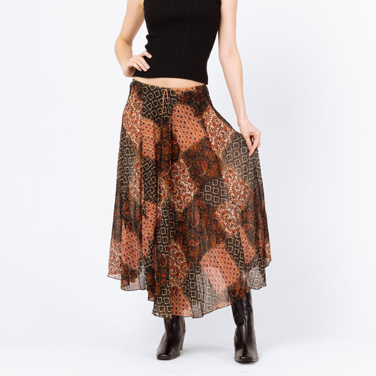 Vintage 90s Boho Sheer Patchwork Print Maxi Skirt - Medium | Witchy Dark Floral High Low Hem Skirt, Long Flowy Summer Skirt