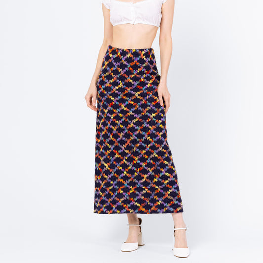 Vintage 70s Colorful Diamond Knit Maxi Skirt - Small | Retro Navy Blue A Line High Waisted Hostess Skirt, Crochet Chunky Knit Long Skirt