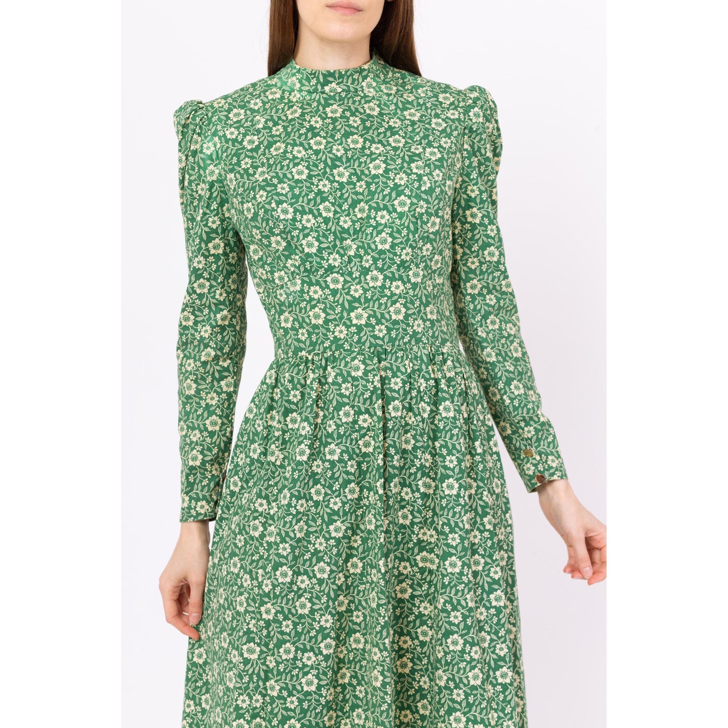 Vintage 60s Green Floral Prairie Maxi Dress - Small | Boho Victorian Style Puff Sleeve High Neck Long Sleeve Hippie Gown