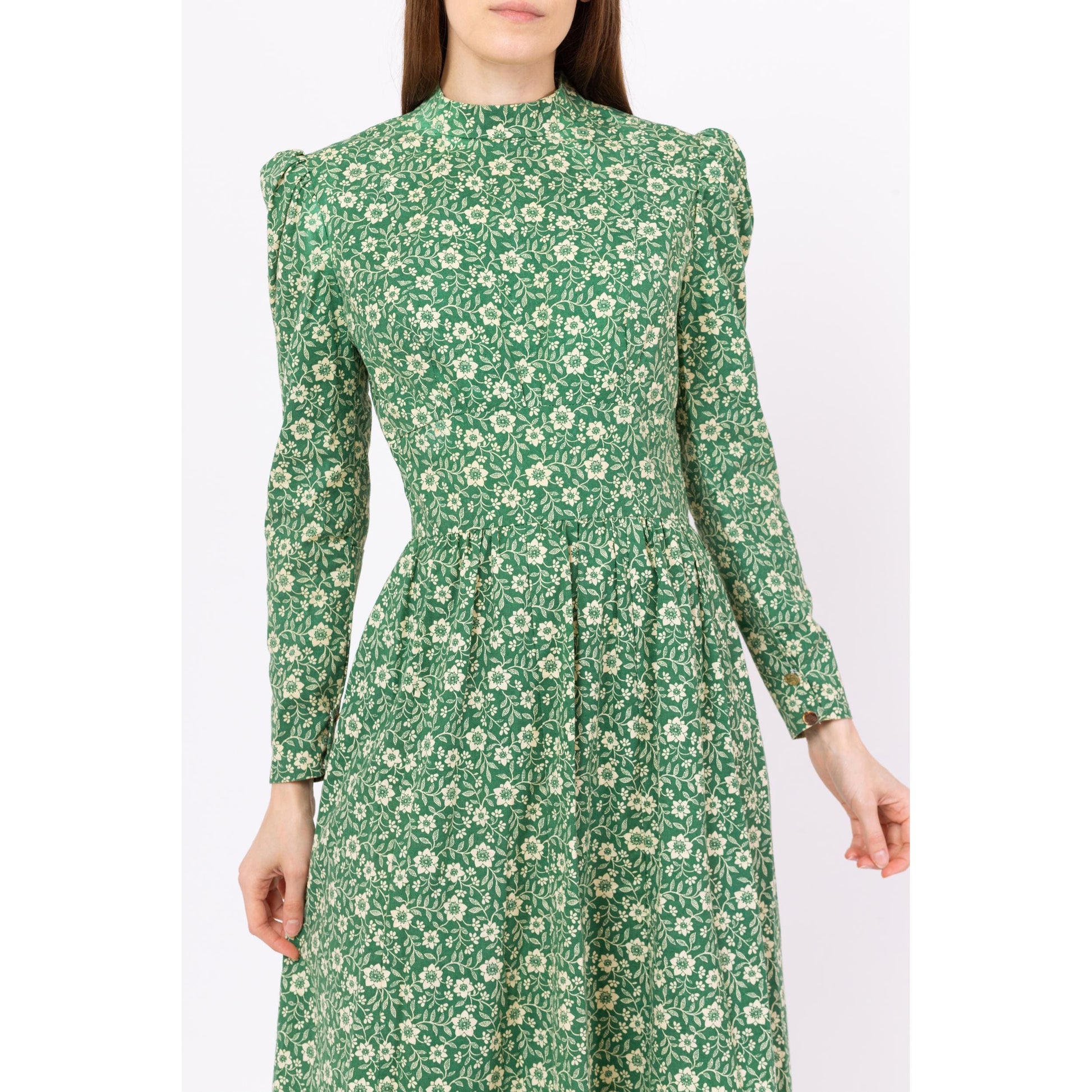 Vintage 60s Green Floral Prairie Maxi Dress - Small | Boho Victorian Style Puff Sleeve High Neck Long Sleeve Hippie Gown