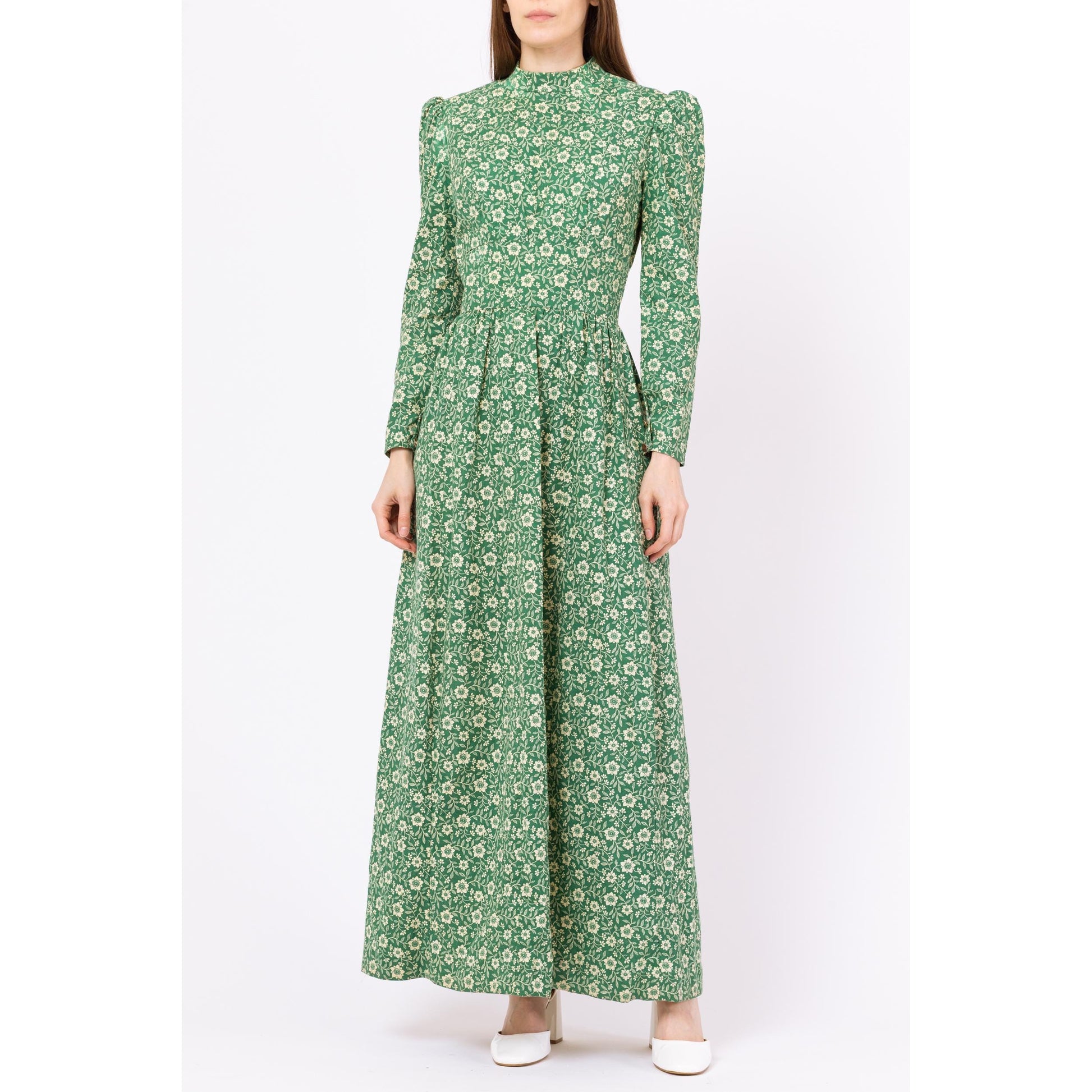 Vintage 60s Green Floral Prairie Maxi Dress - Small | Boho Victorian Style Puff Sleeve High Neck Long Sleeve Hippie Gown