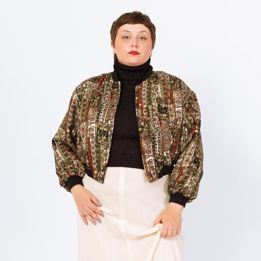 Vintage Y2K Tapestry Print Quilted Bomber Jacket - Large | Snap Front Abstract Print Dove Graphic Cropped Lightweight Windbreaker Coat