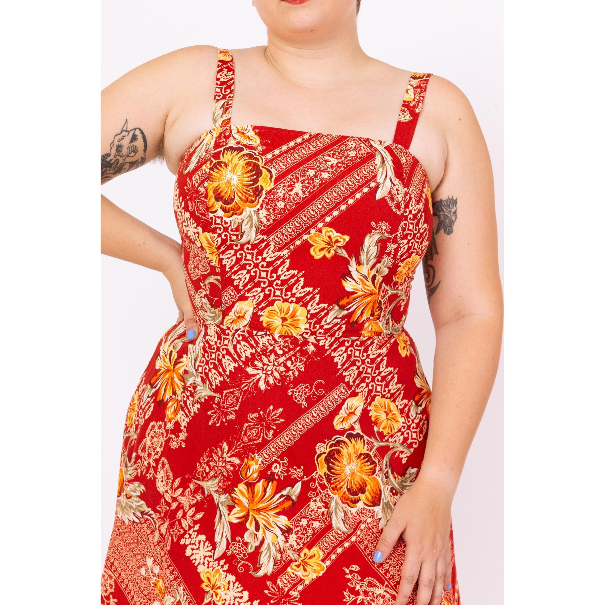 Vintage 90s Hawaiian Red Floral Fit & Flare Sundress - Large Vintage 90s Hawaiian Red Floral Fit & Flare Sundress - Large