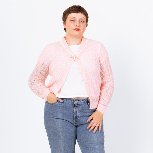 Vintage 80s Pastel Pink Lace Trim Cardigan - Large | Soft Eyelet Knit Button Up Girly Sweater, Cottagecore Coquette Aesthetic Cardigan