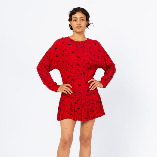 Vintage 80s Nicole Miller Red Silk Micro Mini Dress - Medium | Designer Novelty Print Long Dolman Sleeve Drop Waist Scooter Dress
