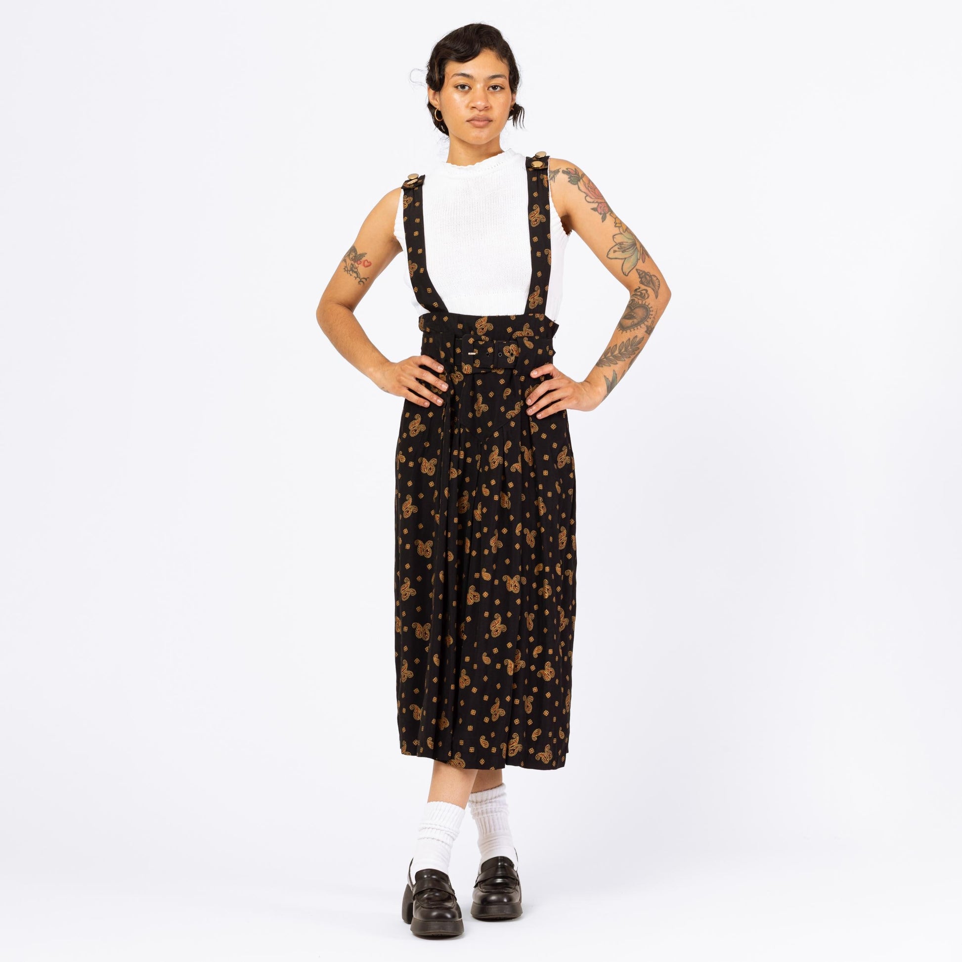 Vintage 80s Black Paisley Pinafore Dress - Small | Cottagecore Midi Jumper Dress, Belted Basque Waist Suspender Dress