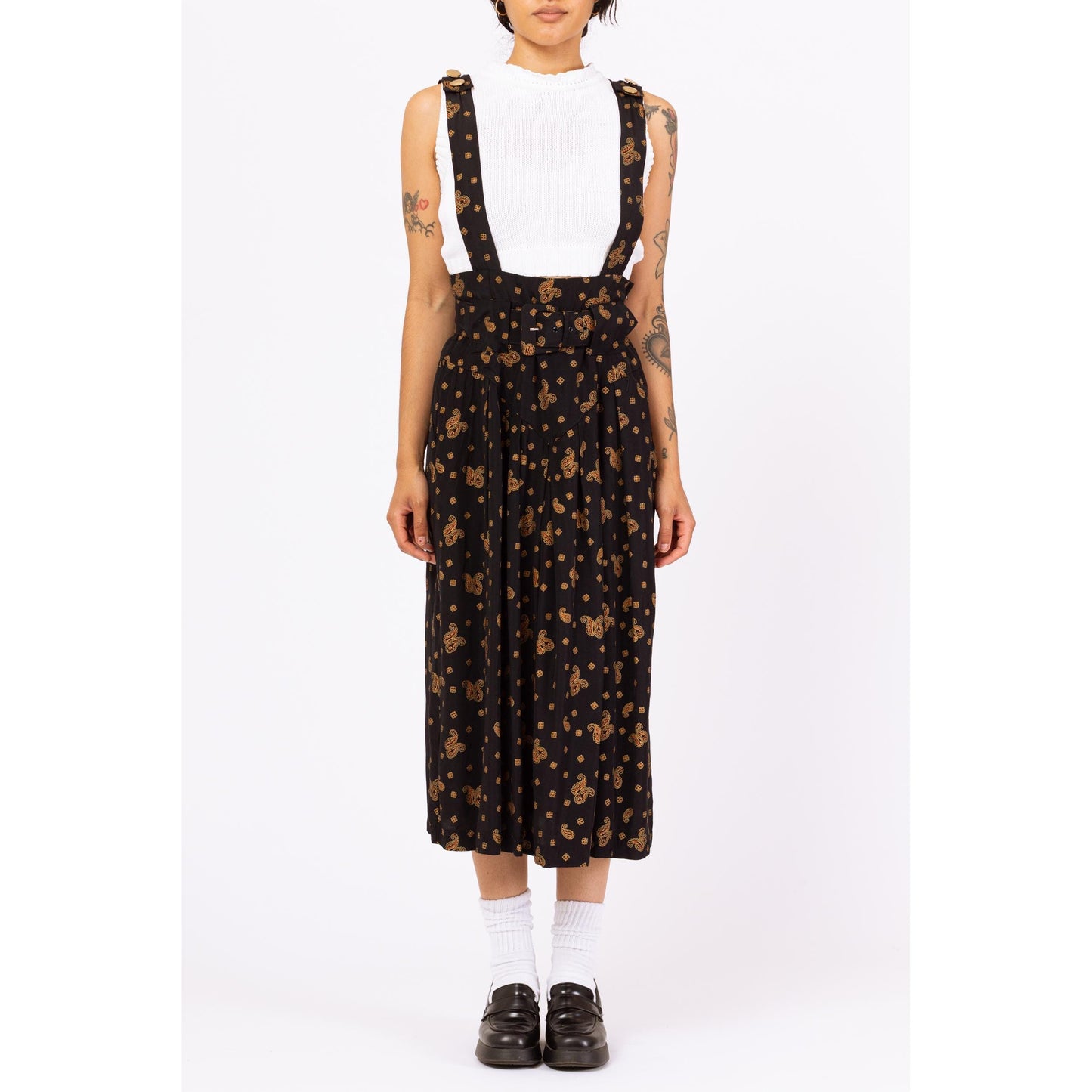 Vintage 80s Black Paisley Pinafore Dress - Small | Cottagecore Midi Jumper Dress, Belted Basque Waist Suspender Dress