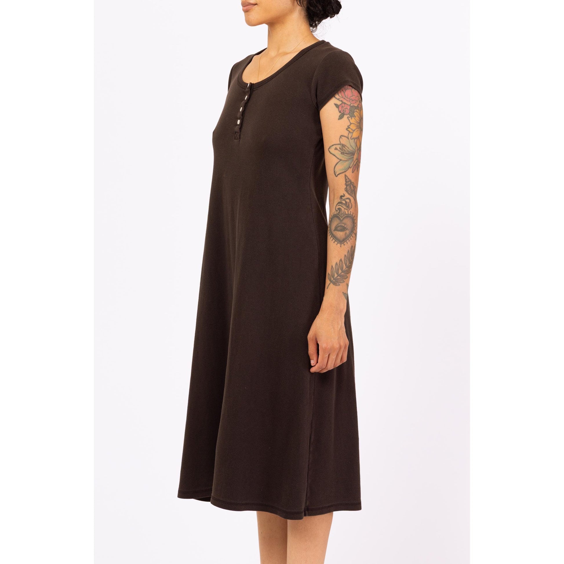 Vintage 90s Black Jersey Midi Dress - Medium | Cap Sleeve Minimalist Grunge Scoop Neck Henley Day Dress