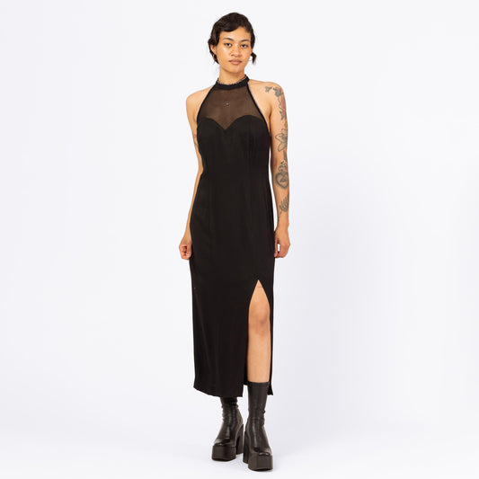 Vintage 90s Black Rhinestone Racerback Maxi Gown - Medium | Mesh Sweetheart Neck Thigh Slit Formal Dress