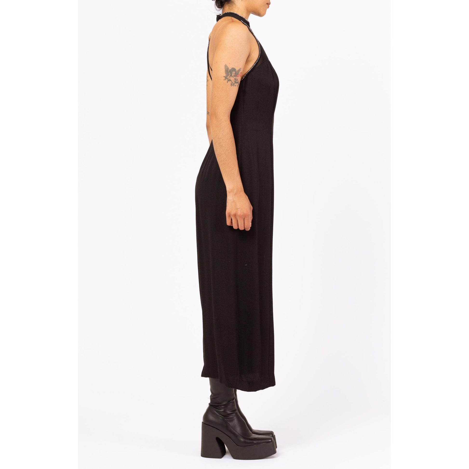 Vintage 90s Black Rhinestone Racerback Maxi Gown - Medium | Mesh Sweetheart Neck Thigh Slit Formal Dress
