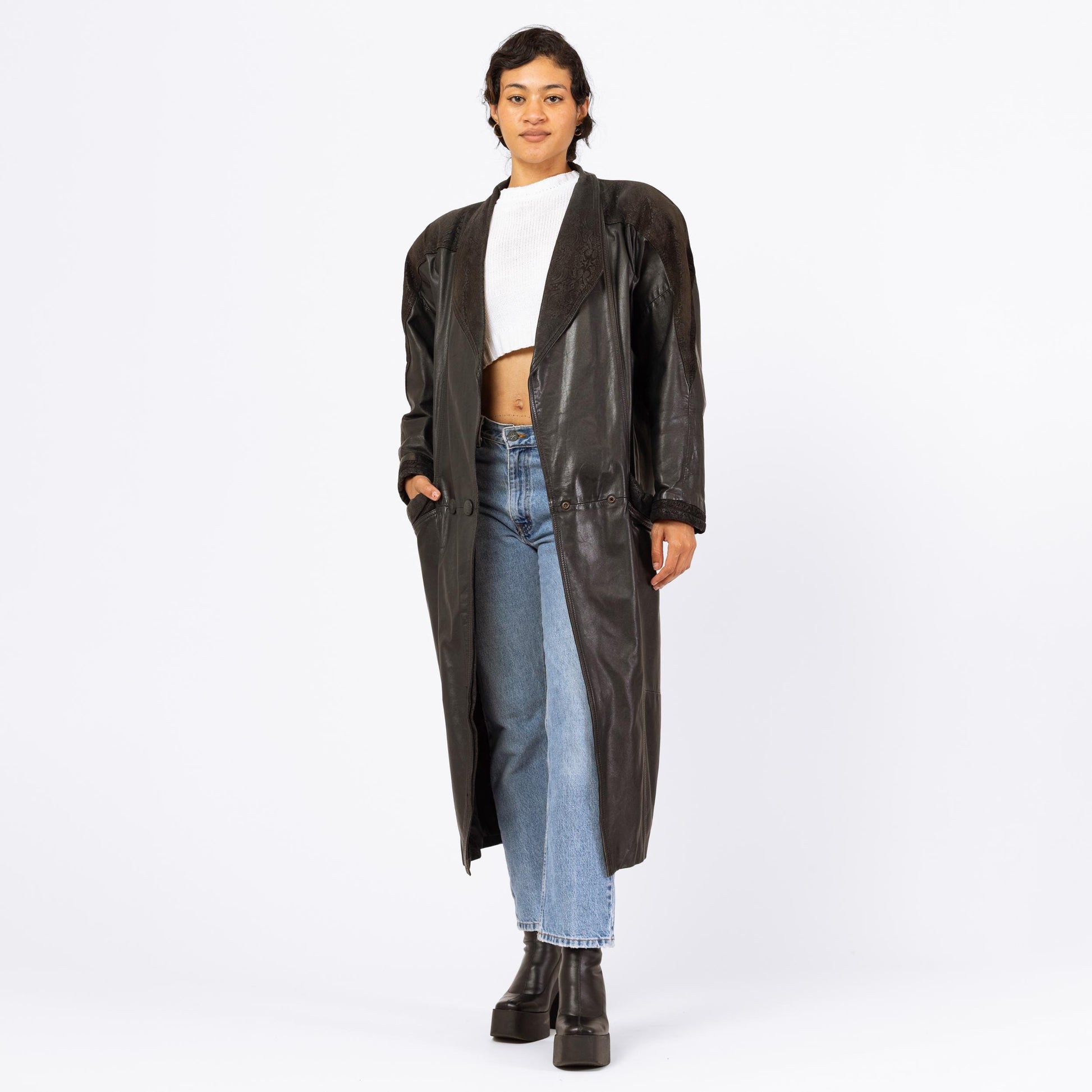 Vintage 80s Black Leather New Wave Duster Jacket - Medium | Embossed Paisley Button Up Winter Overcoat, Gothic Trench Coat
