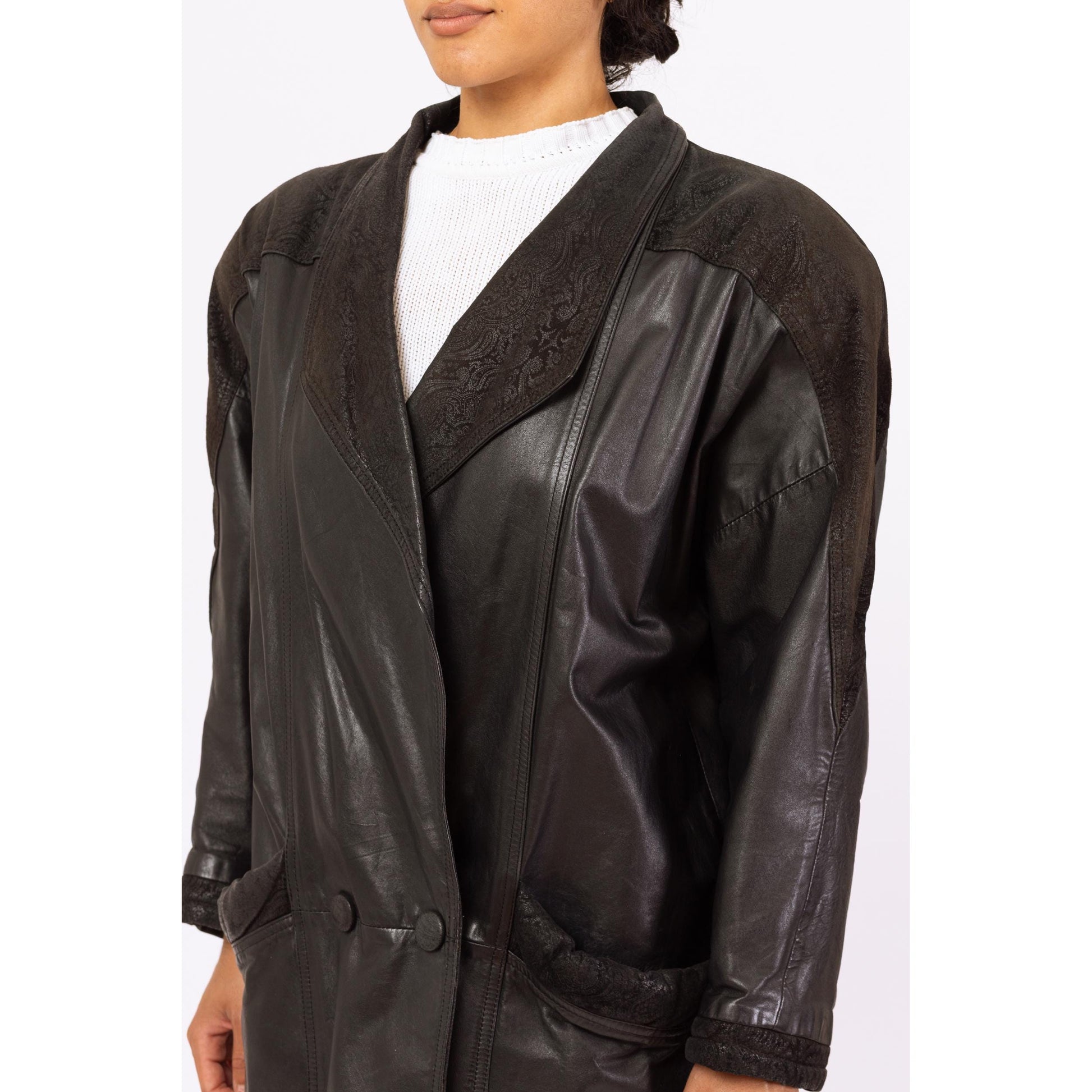 Vintage 80s Black Leather New Wave Duster Jacket - Medium | Embossed Paisley Button Up Winter Overcoat, Gothic Trench Coat