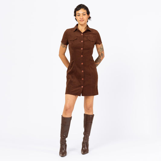 Vintage 90s Brown Ultrasuede Mini Shirt Dress - XS to Small | Collared Button Front Short Sleeve Minimalist Dress