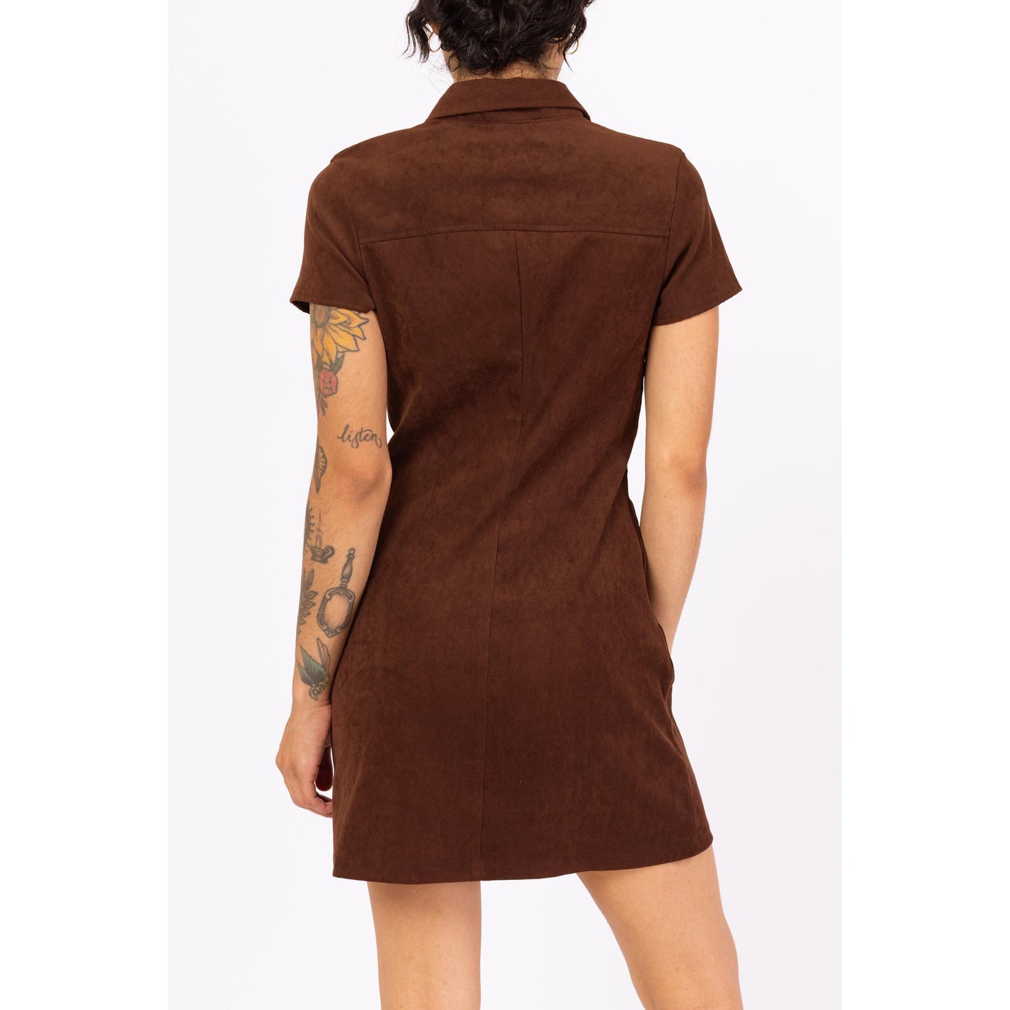 Vintage 90s Brown Ultrasuede Mini Shirt Dress - XS to Small | Collared Button Front Short Sleeve Minimalist Dress