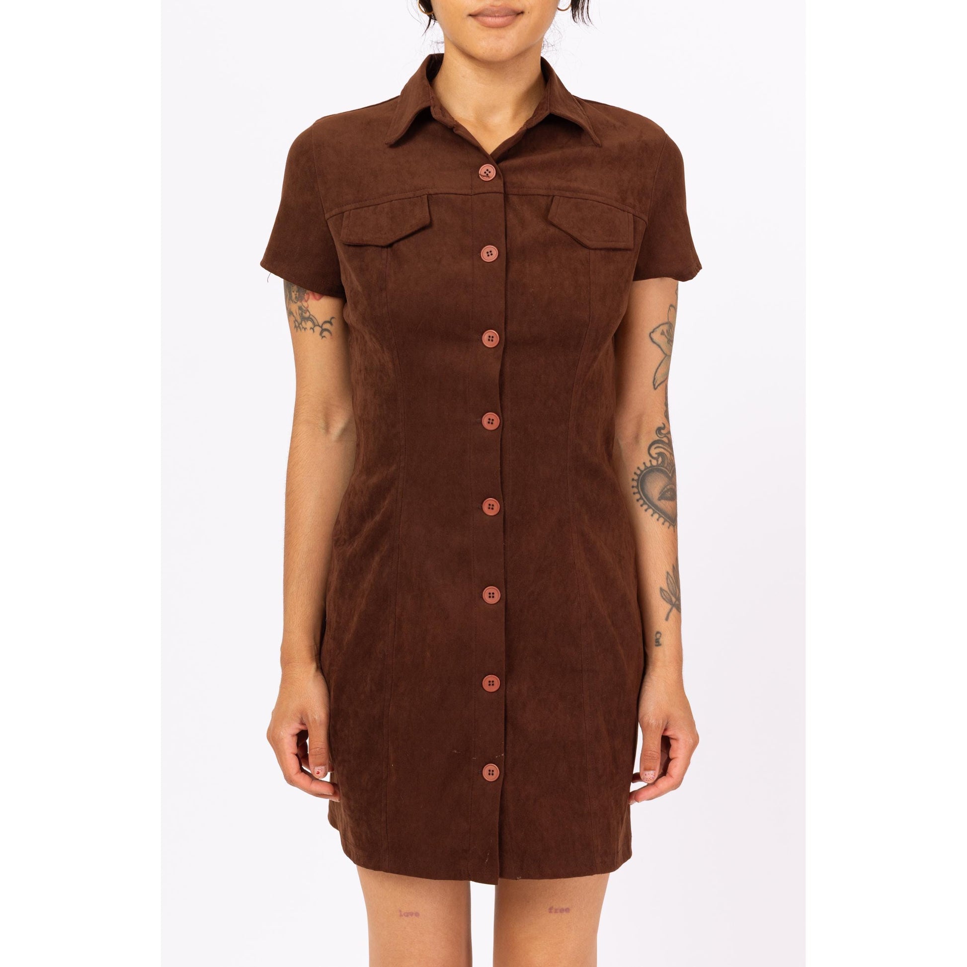 Vintage 90s Brown Ultrasuede Mini Shirt Dress - XS to Small | Collared Button Front Short Sleeve Minimalist Dress