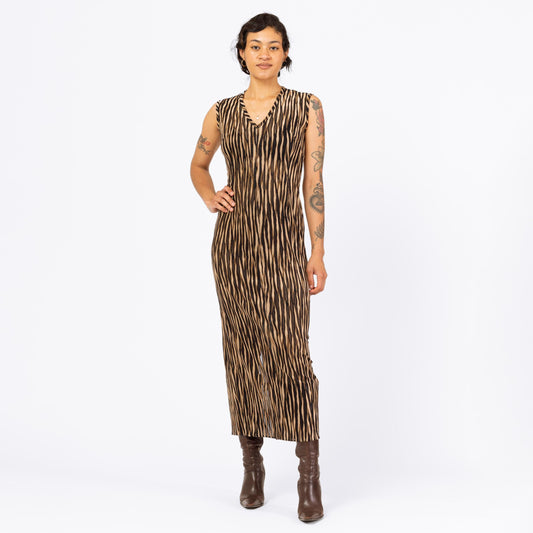 Vintage 90s Zebra Stripe Burnout Maxi Dress - Small | Sheer Brown & Black Mesh Animal Print Party Dress