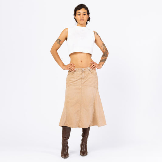 Vintage Y2K Ralph Lauren Tan Corduroy Trumpet Skirt - Medium, Size 10 | Low Waist Flare Midi Skirt, Western Boho Skirt