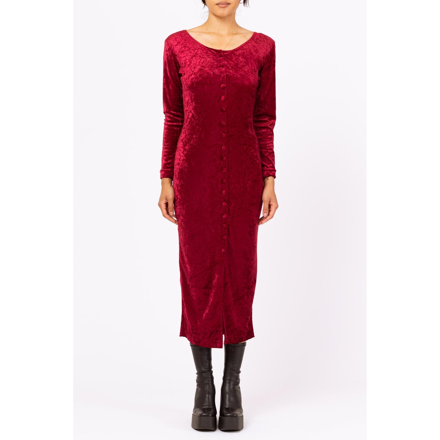 Vintage 90s Wine Red Crushed Velvet Midi Dress - Small | Long Sleeve Bodycon Party Dress, Grunge Button Front Dress