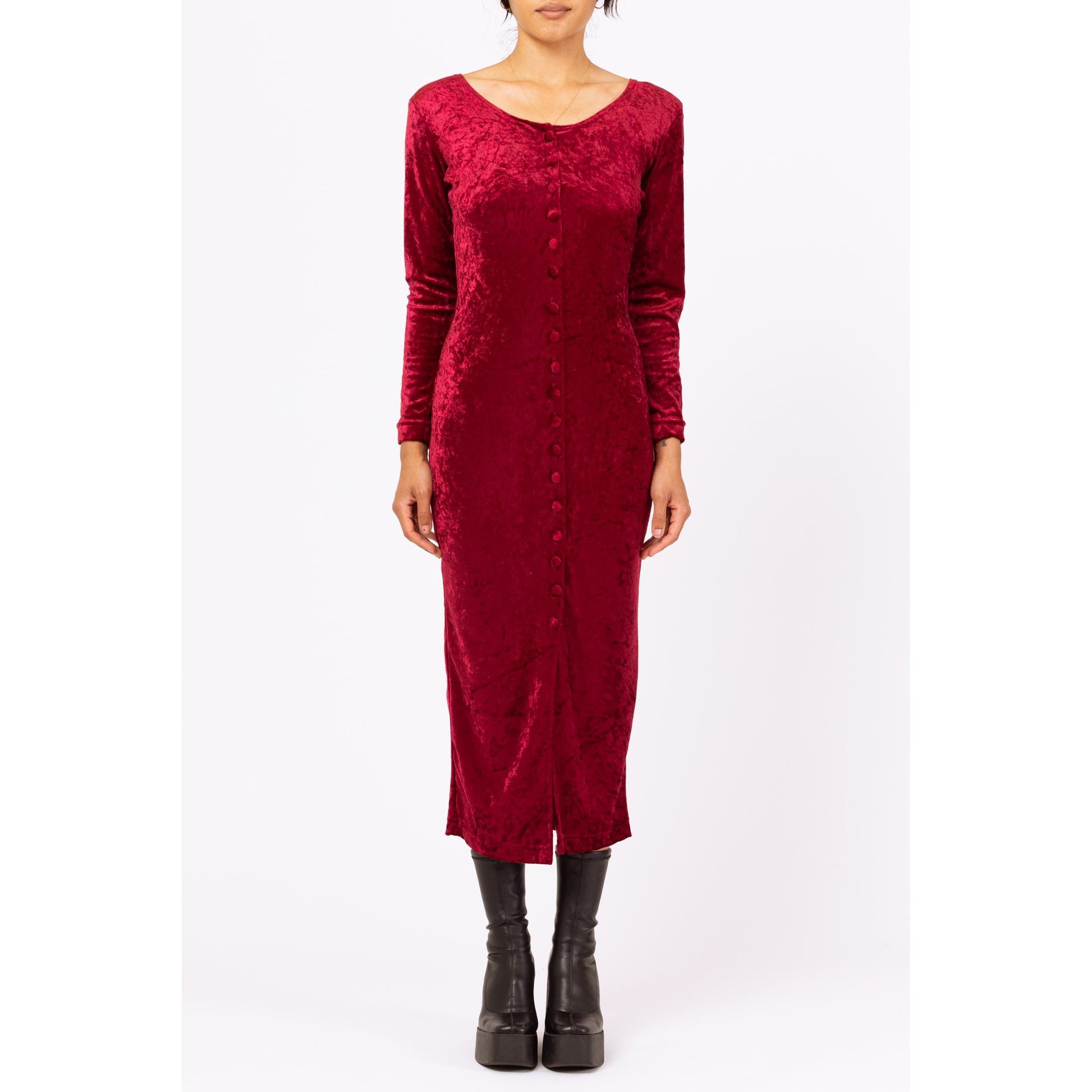 Vintage 90s Wine Red Crushed Velvet Midi Dress - Small | Long Sleeve Bodycon Party Dress, Grunge Button Front Dress