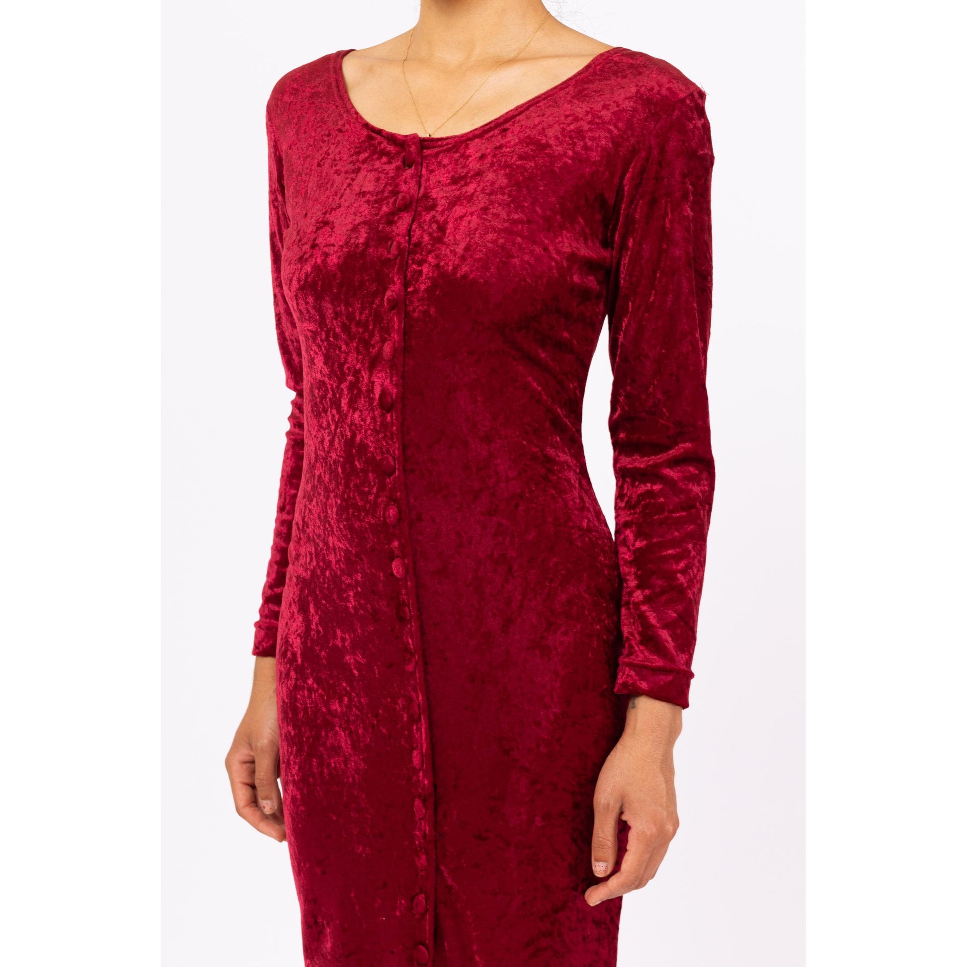 Vintage 90s Wine Red Crushed Velvet Midi Dress - Small | Long Sleeve Bodycon Party Dress, Grunge Button Front Dress