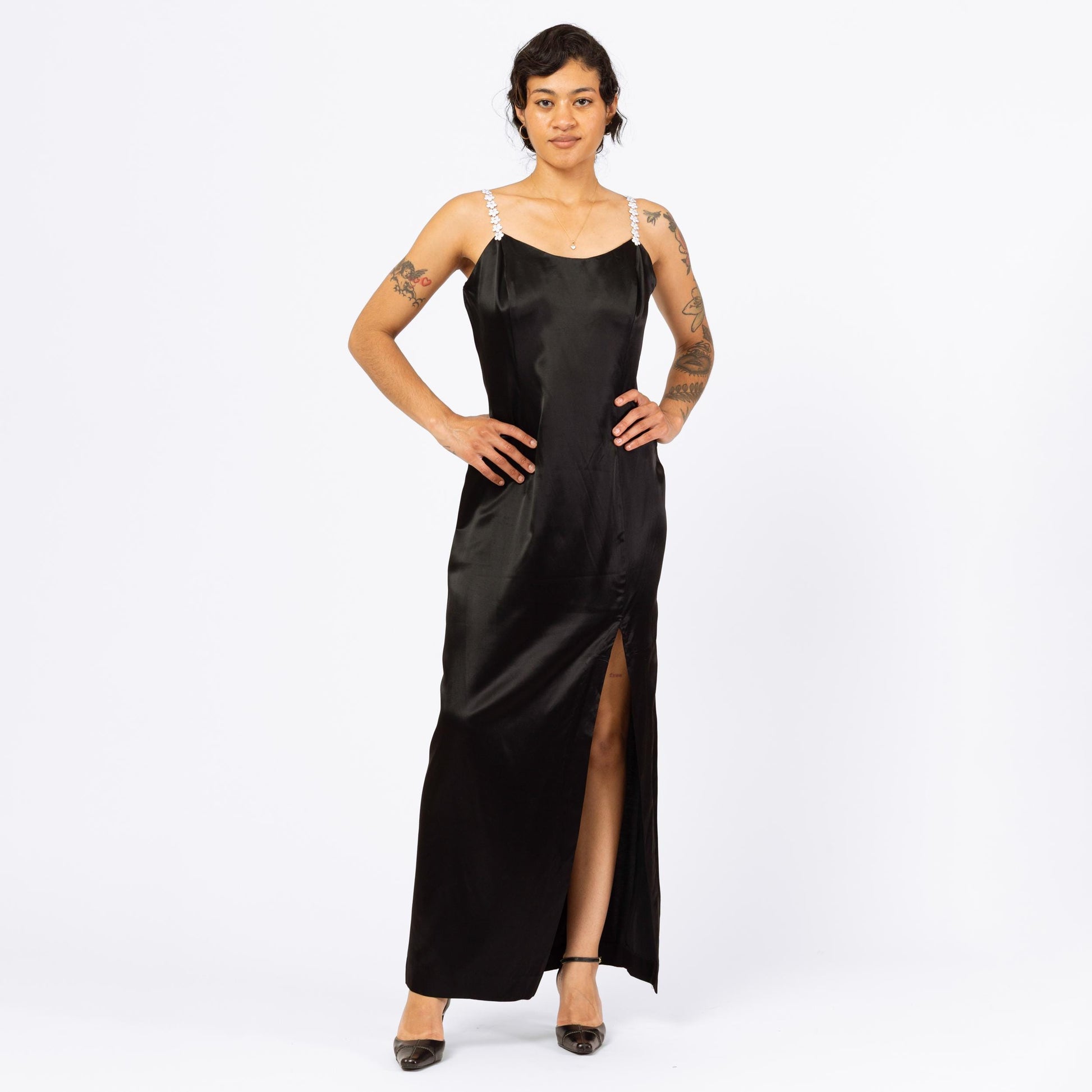 Vintage 90s Jessica McClintock Black Satin Flower Strap Maxi Dress - Medium | Formal Evening Gown, Spaghetti Strap High Slit Party Dress