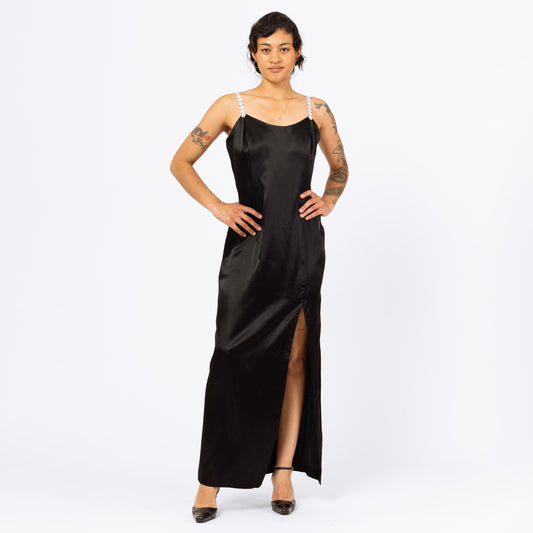 Vintage 90s Jessica McClintock Black Satin Flower Strap Maxi Dress - Medium | Formal Evening Gown, Spaghetti Strap High Slit Party Dress