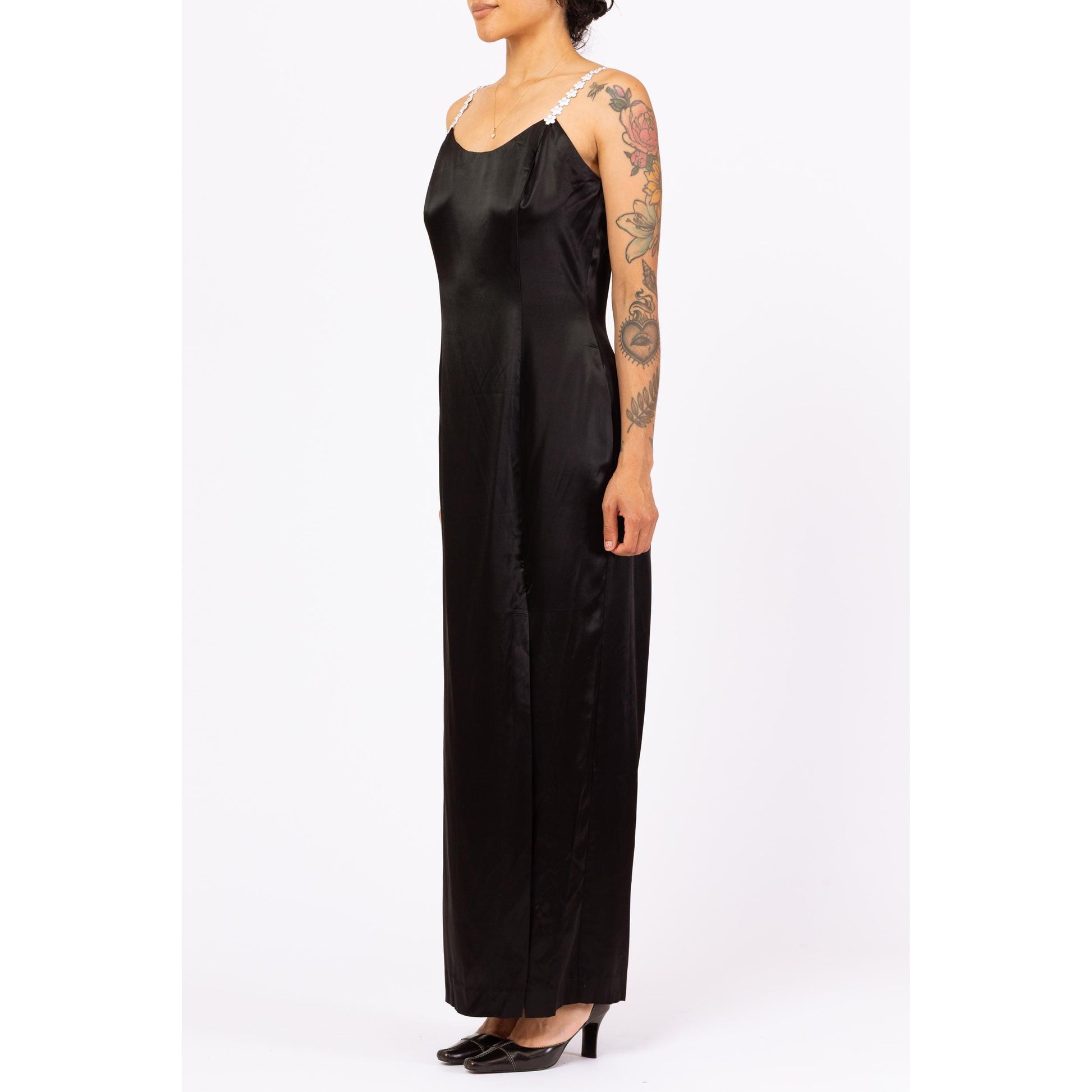 Vintage 90s Jessica McClintock Black Satin Flower Strap Maxi Dress - Medium | Formal Evening Gown, Spaghetti Strap High Slit Party Dress