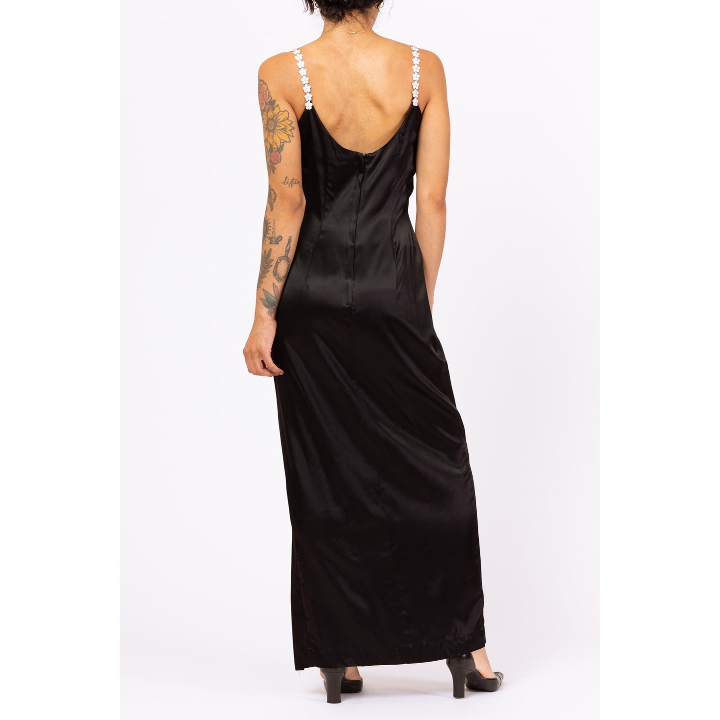 Vintage 90s Jessica McClintock Black Satin Flower Strap Maxi Dress - Medium | Formal Evening Gown, Spaghetti Strap High Slit Party Dress