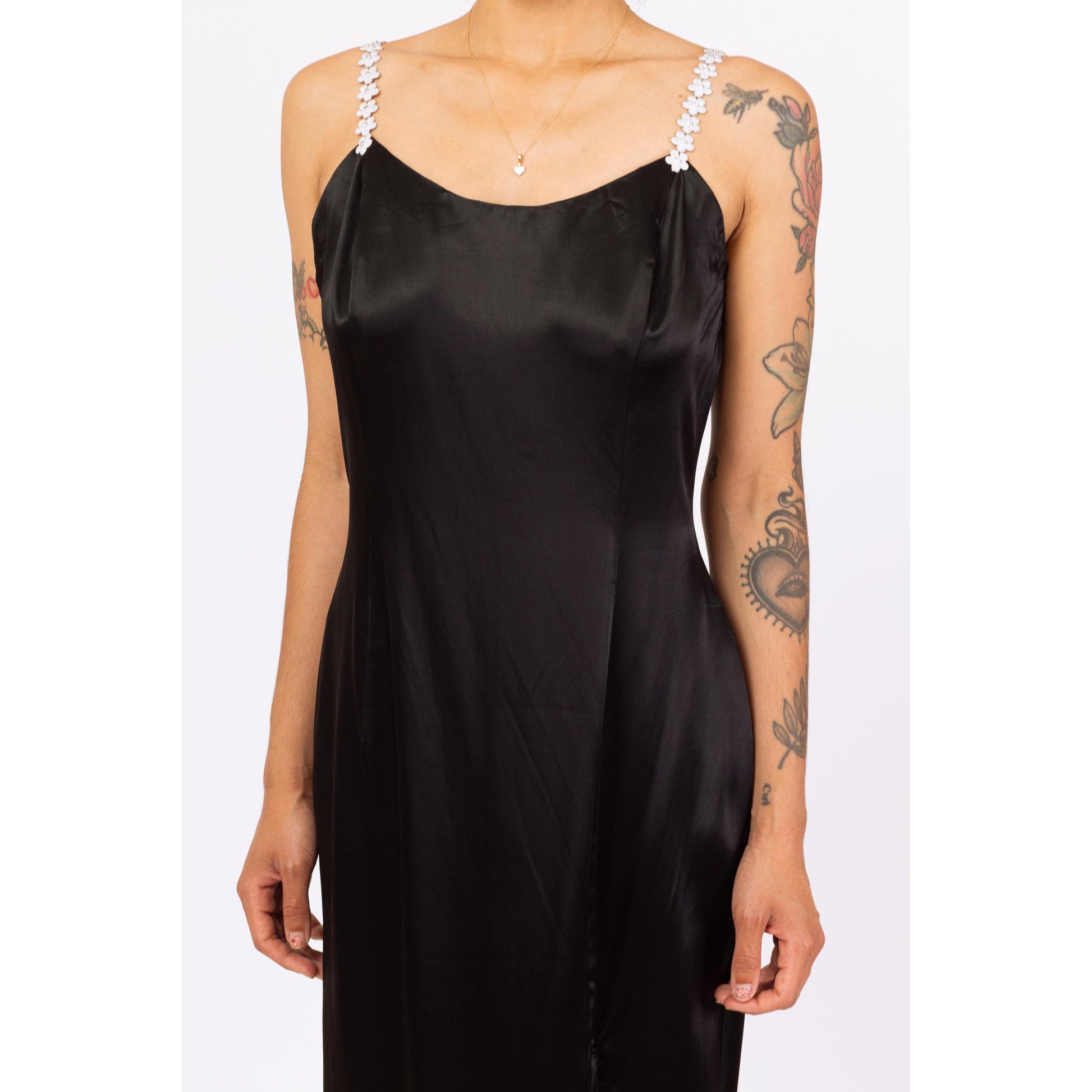 Vintage 90s Jessica McClintock Black Satin Flower Strap Maxi Dress - Medium | Formal Evening Gown, Spaghetti Strap High Slit Party Dress