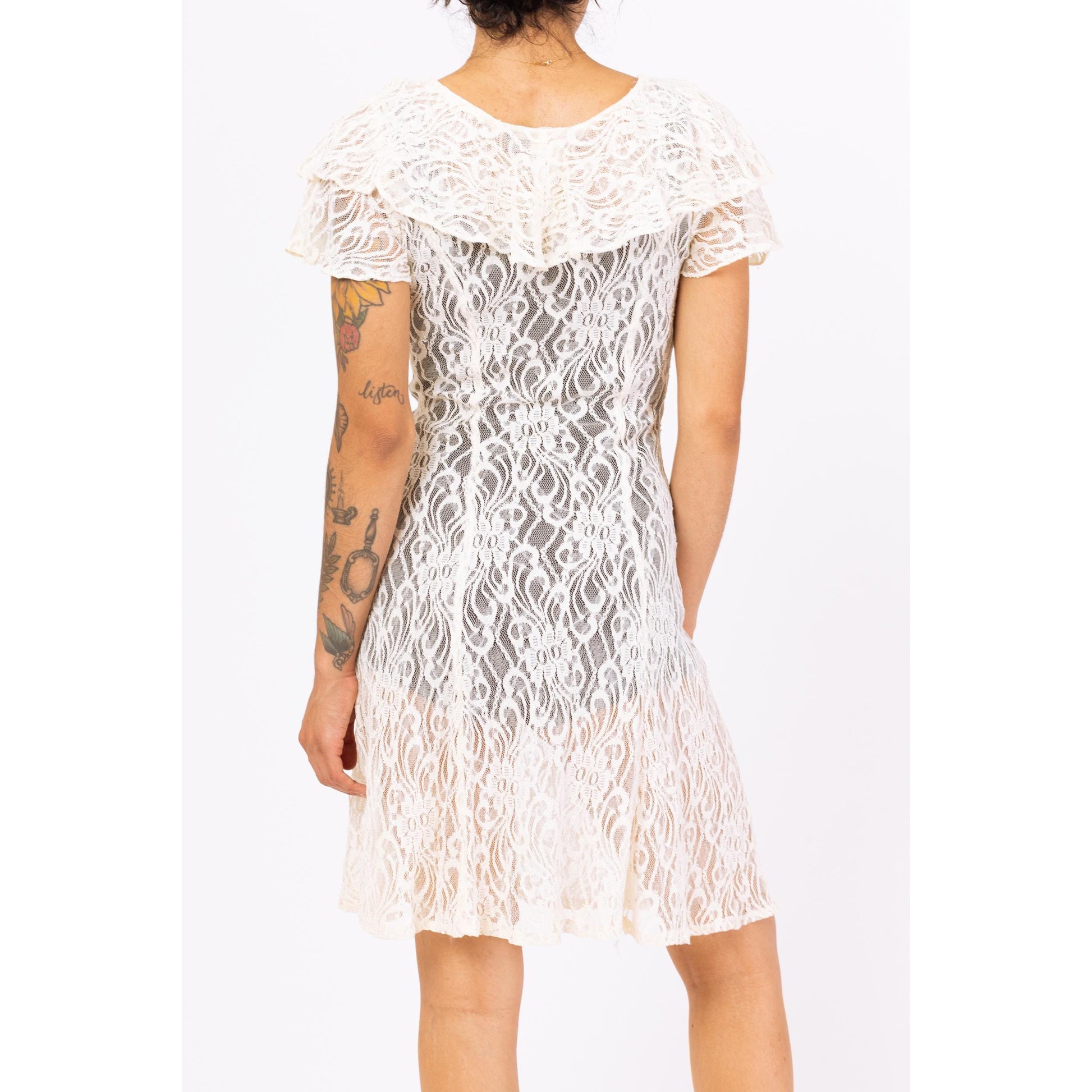 Vintage 90s Sheer White Lace Mini Dress - XS to Small  Flying Apple Vintage